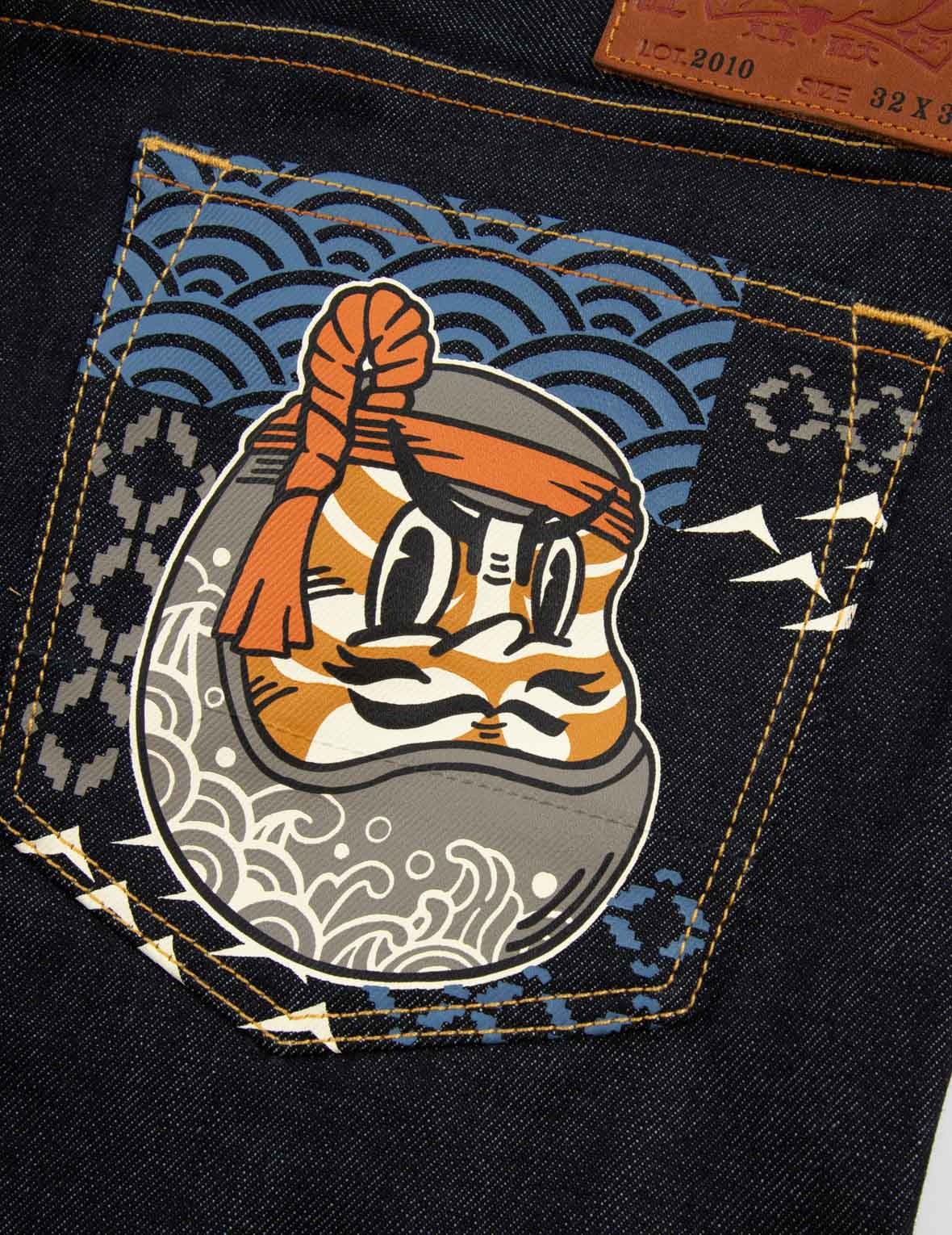 Fair Isle Pattern and Kumadori Daruma Print Slim Fit Denim Jeans #2010 - 9