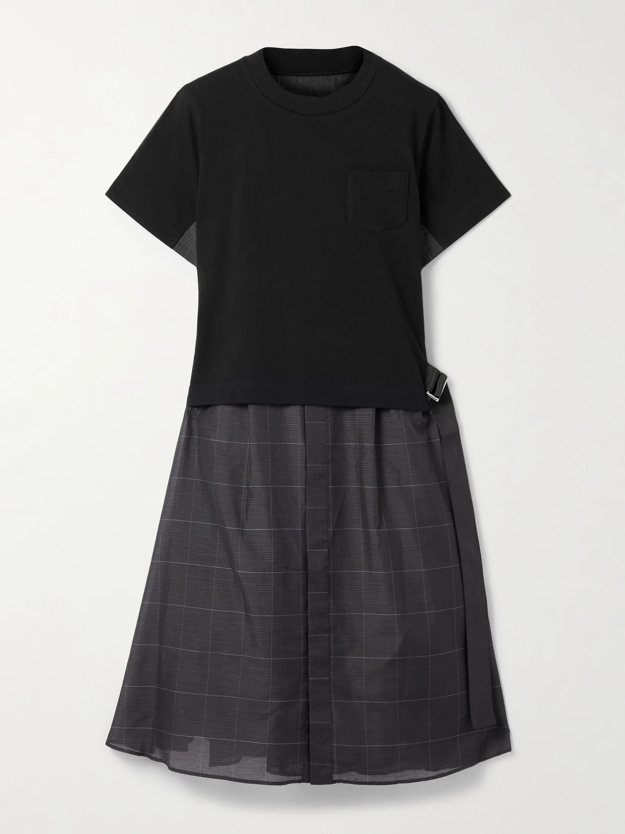 Belted Cotton-jersey And Checked Voile Midi Dress - 1