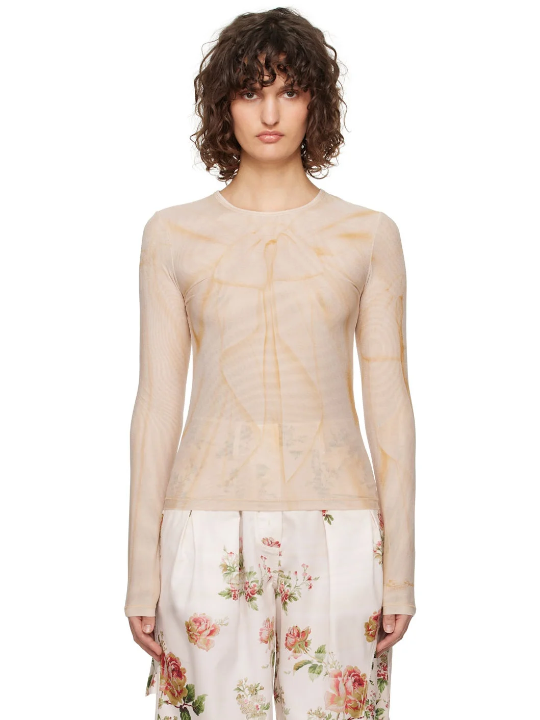 Brown Ribbon Print Mesh Long Sleeve T-shirt - 1