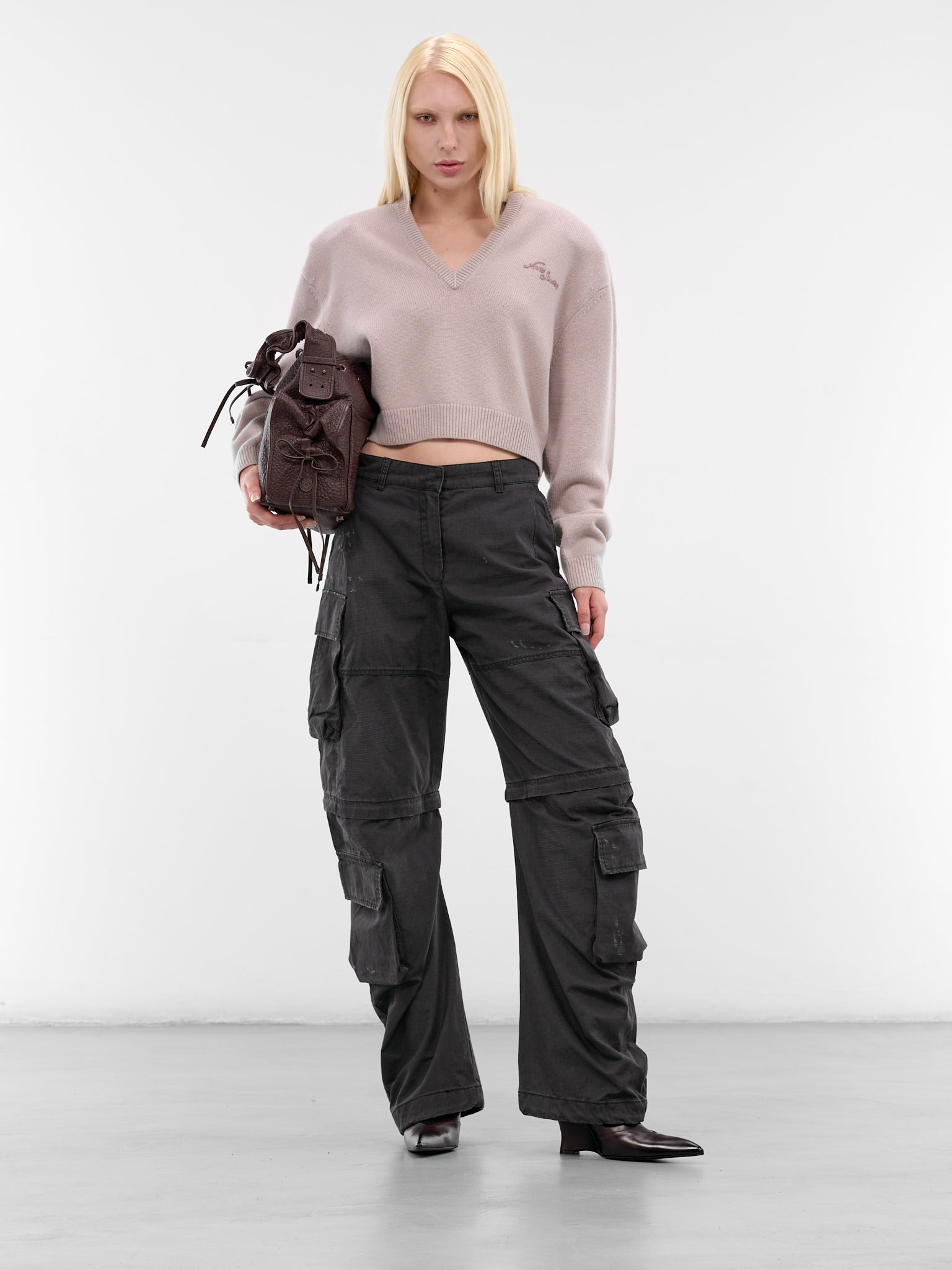 Beige Cropped Boxy Knit Sweater - 6