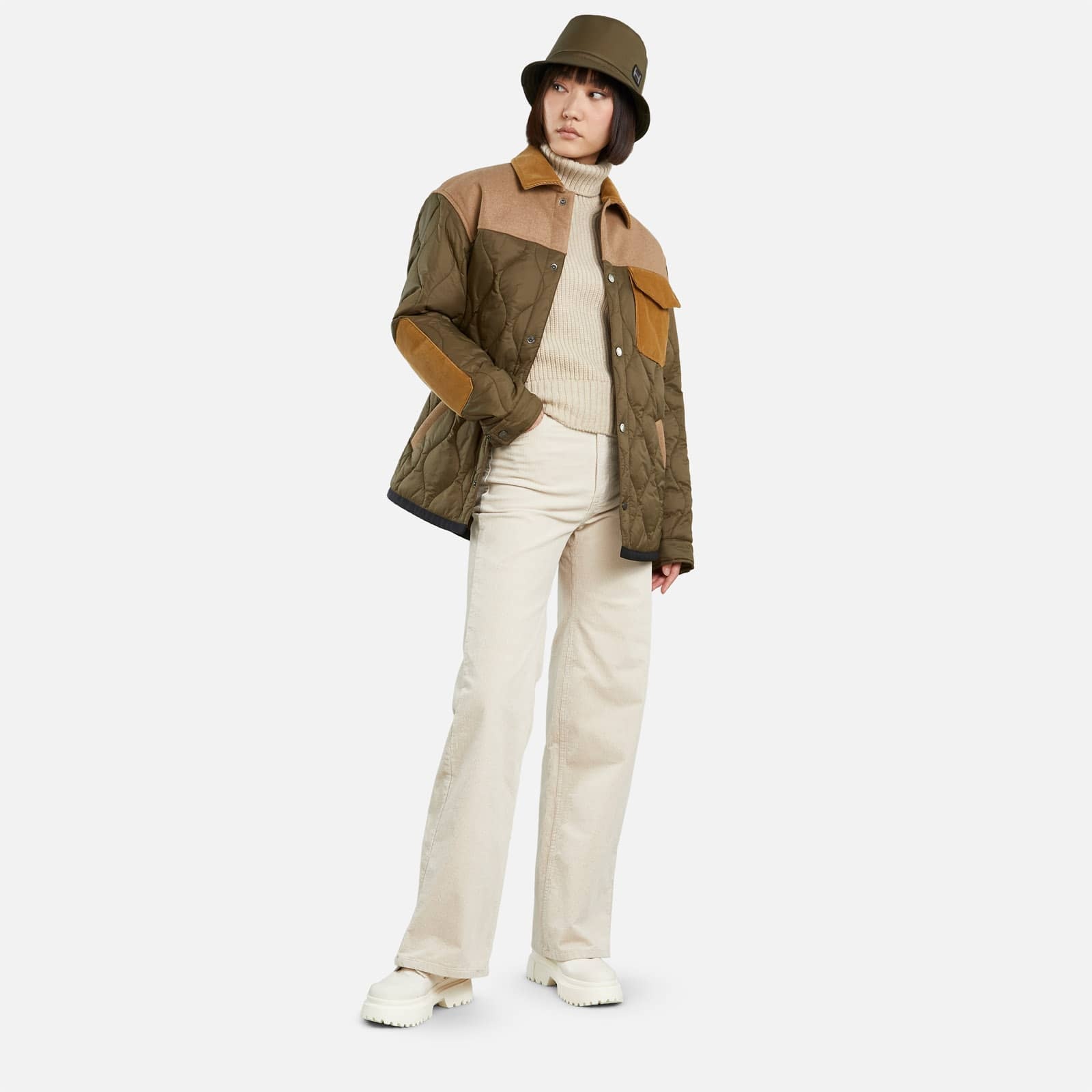 Quilted Shirt Jacket Green Brown Beige - 7