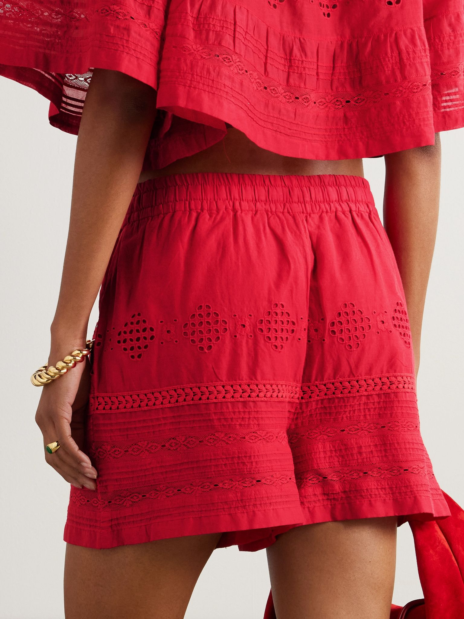 Damina crochet-trimmed broderie anglaise organic cotton-voile shorts Red - 3