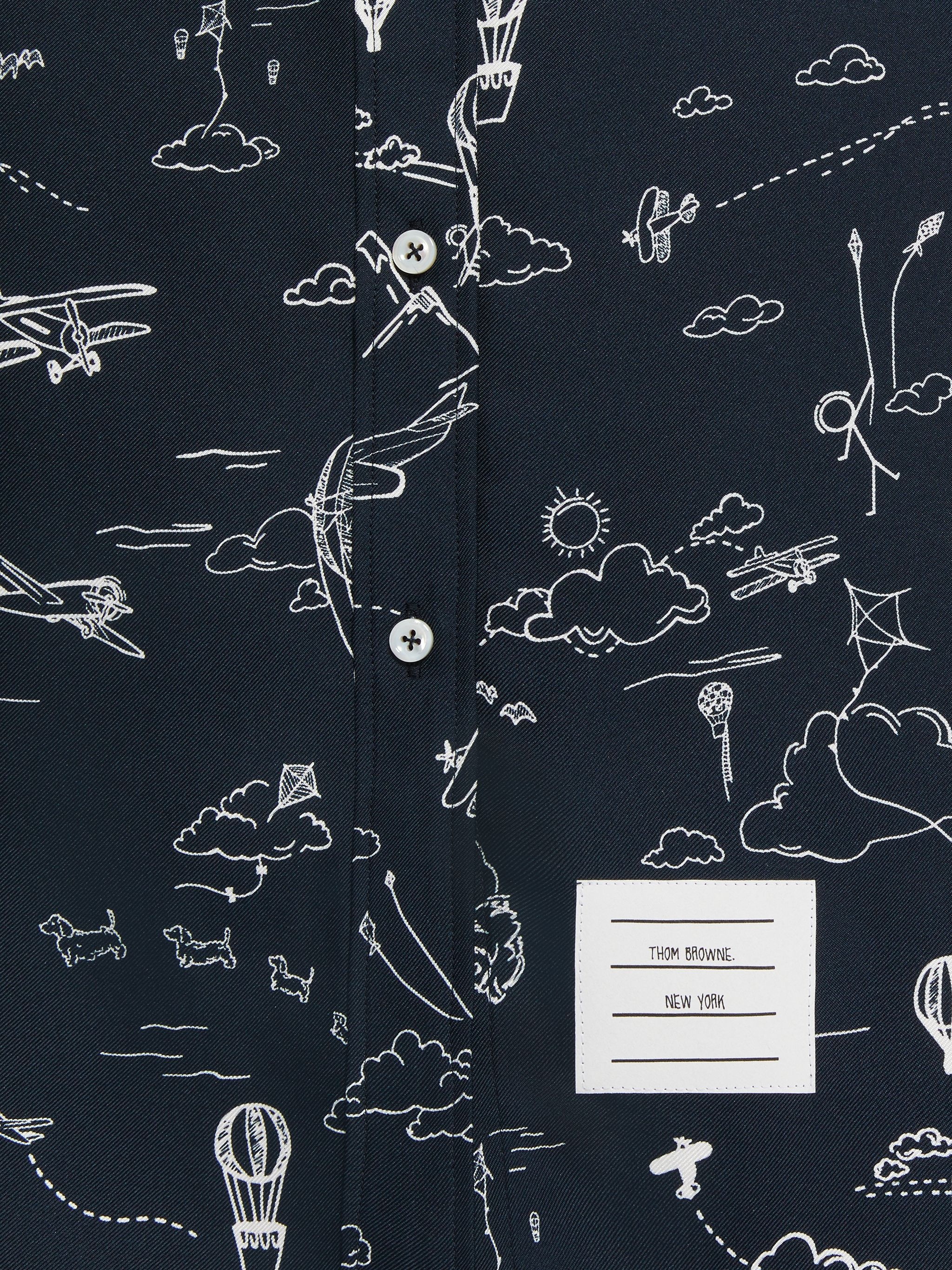 Navy Sky Toile Printed Silk Twill Point Collar Knee Length Shirtdress - 6