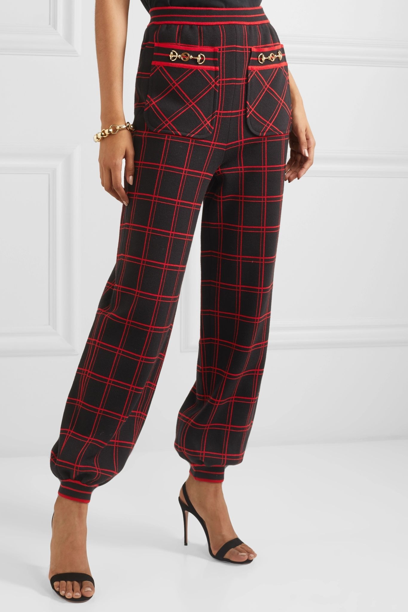 Embellished checked wool track pants - 3