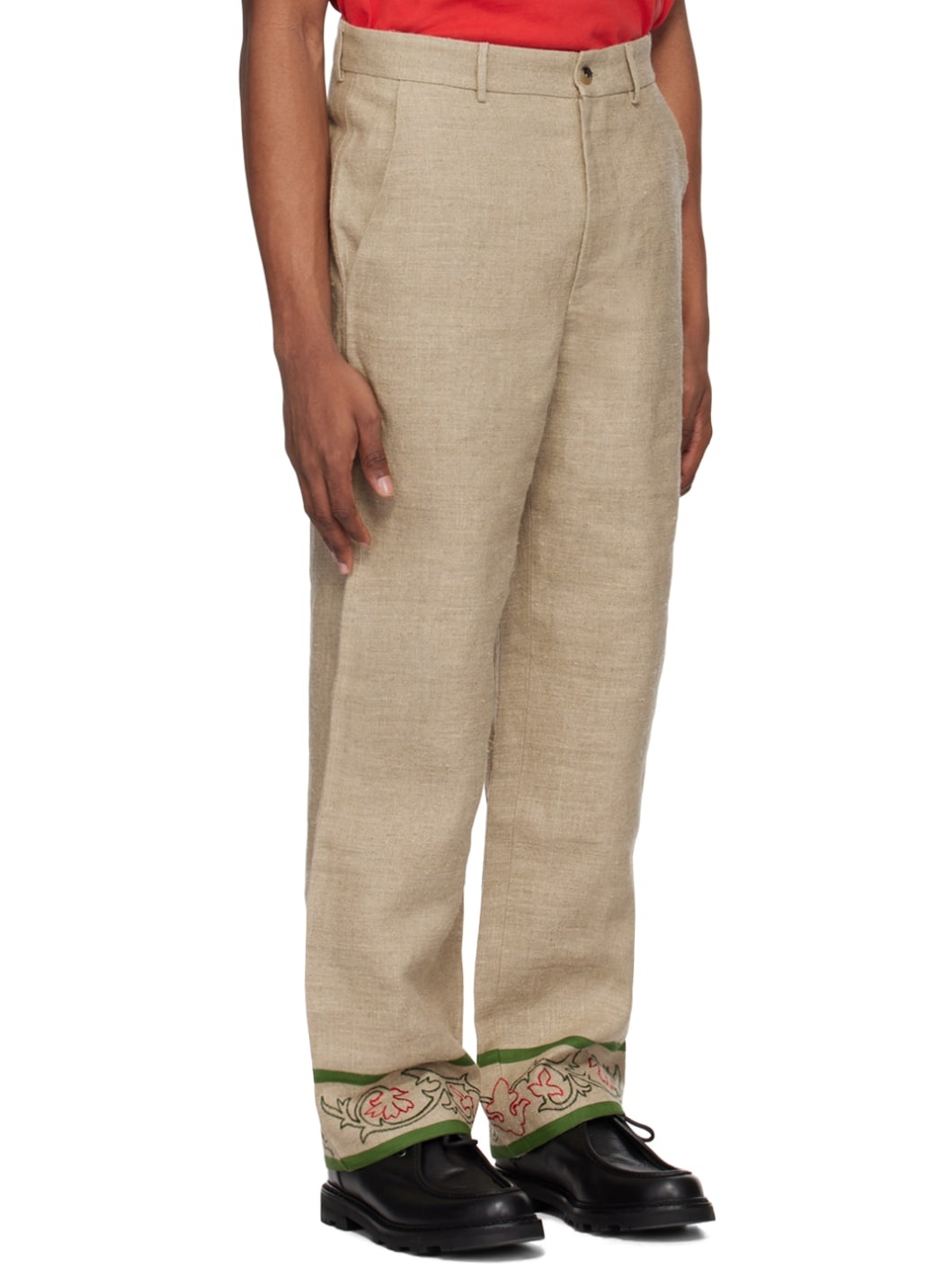 Beige Embroidered Trumpetflower Trousers - 2