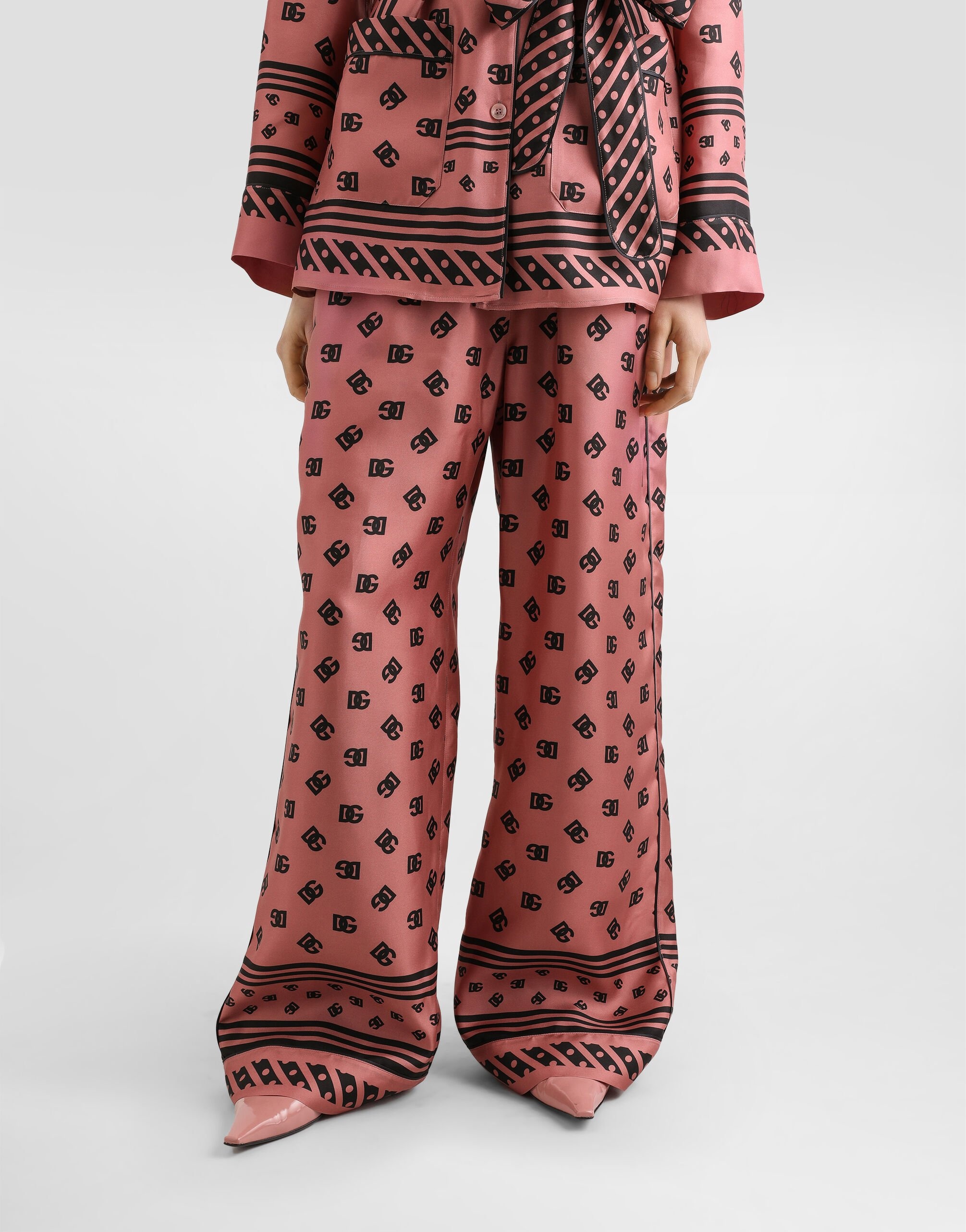 Silk satin jacquard pajama pants with all-over DG logo - 4