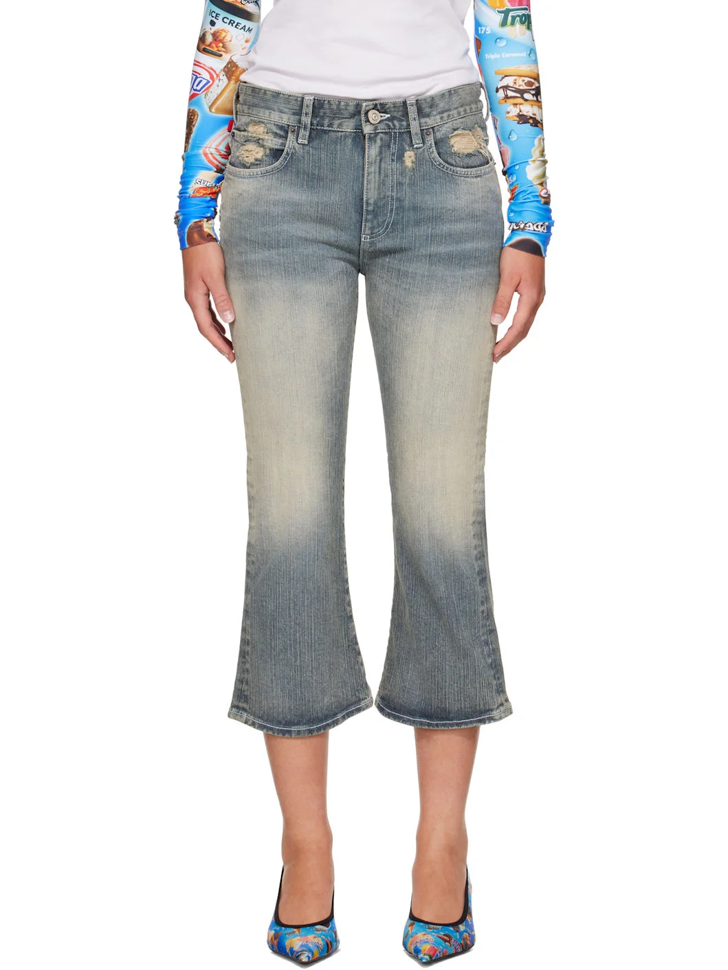 Blue Lace Flared Capri Jeans - 1