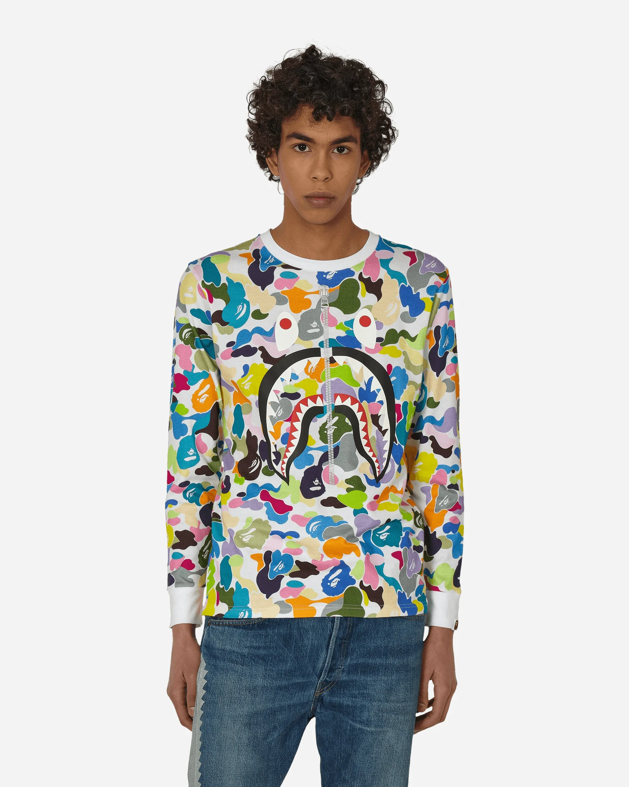 Multi Camo Shark Wide Longsleeve T-Shirt White - 1