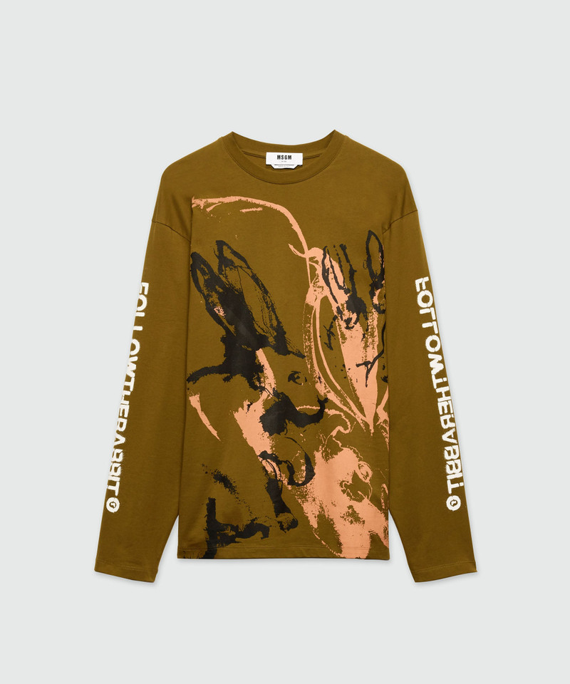Olive green jersey T-shirt with "Sketched Bunnies" print 1