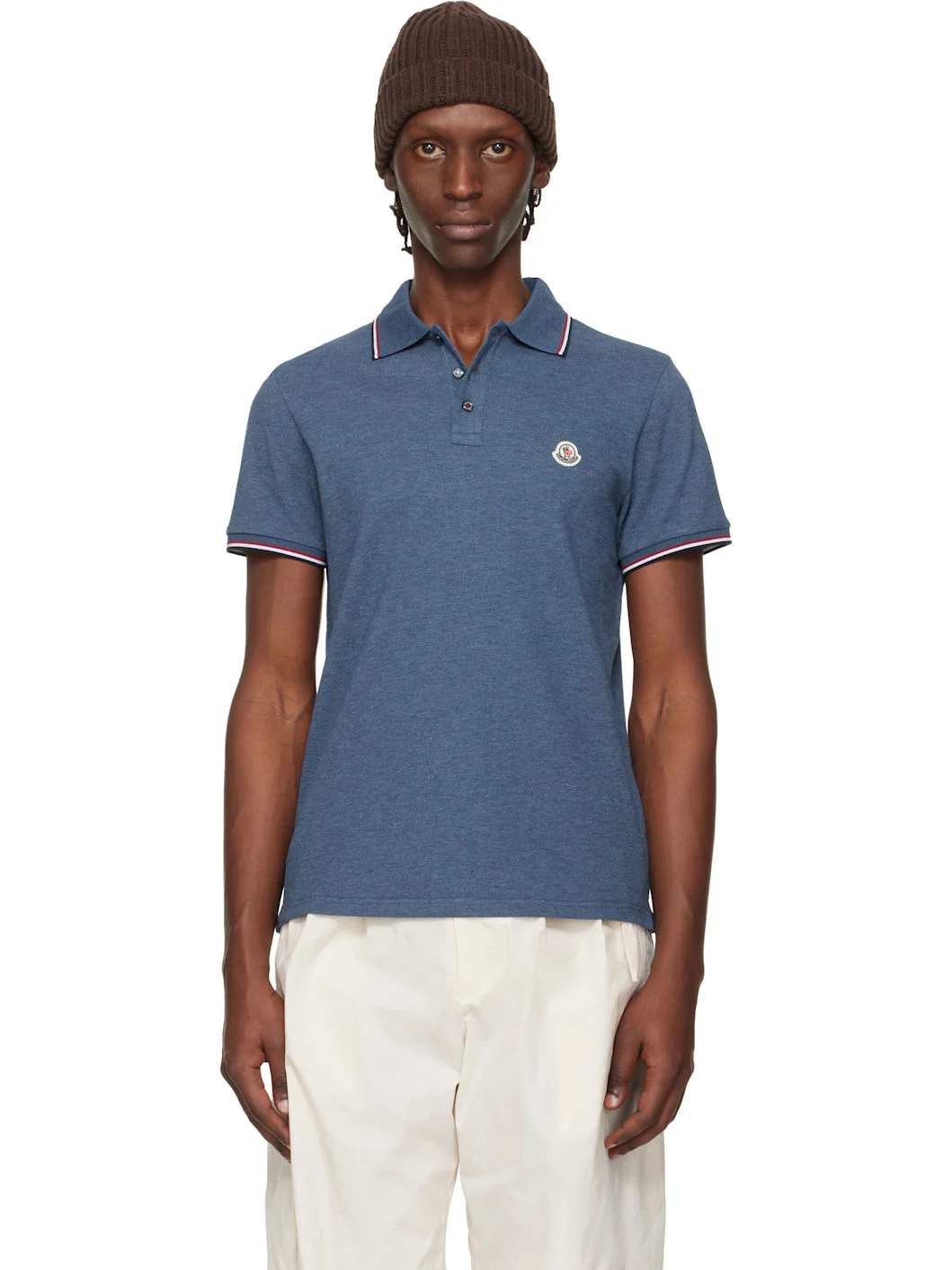 Blue Tricolor-Trimmed Cotton Piquet Polo - 1
