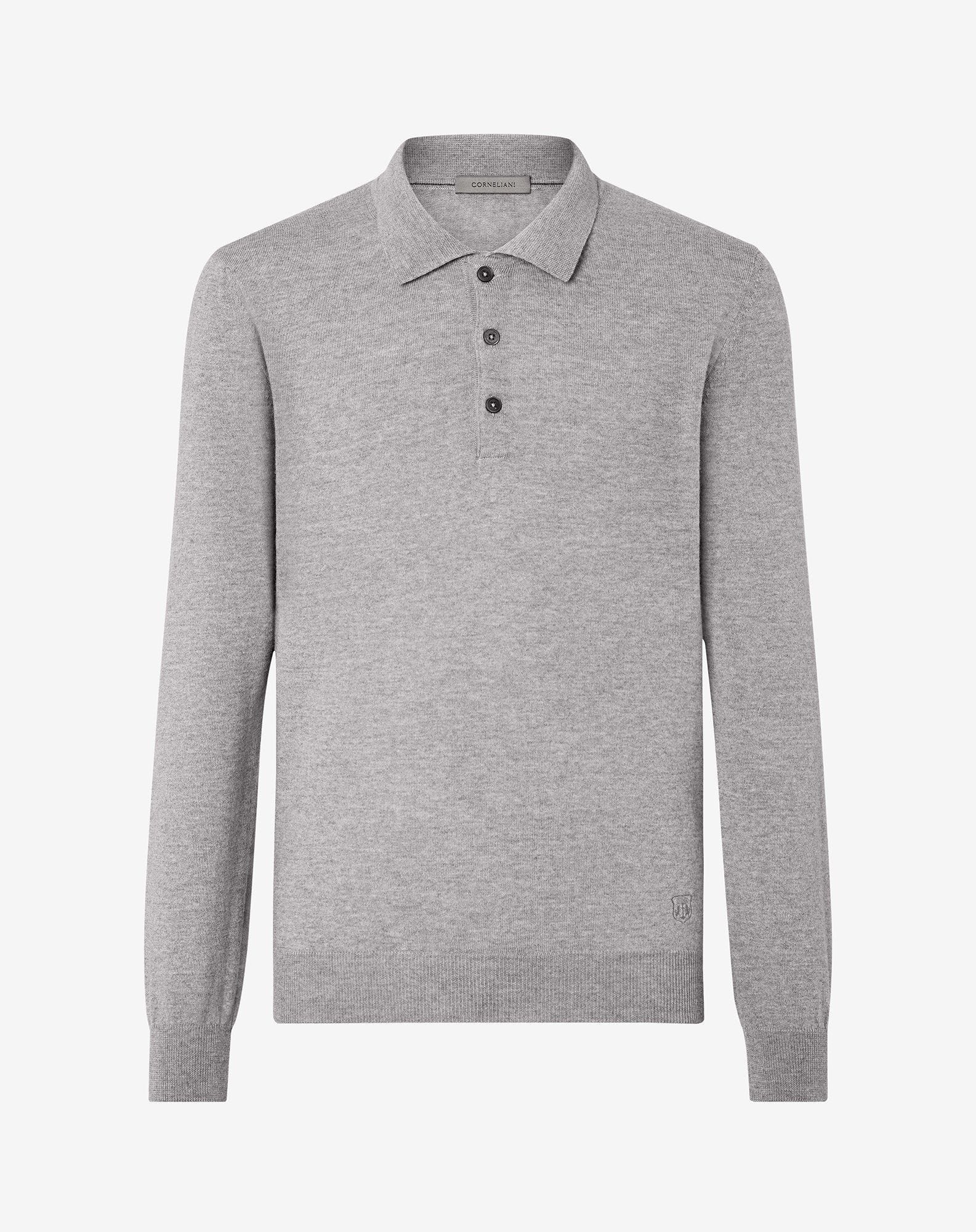 Light melange grey extra fine merino wool button-up polo - 5