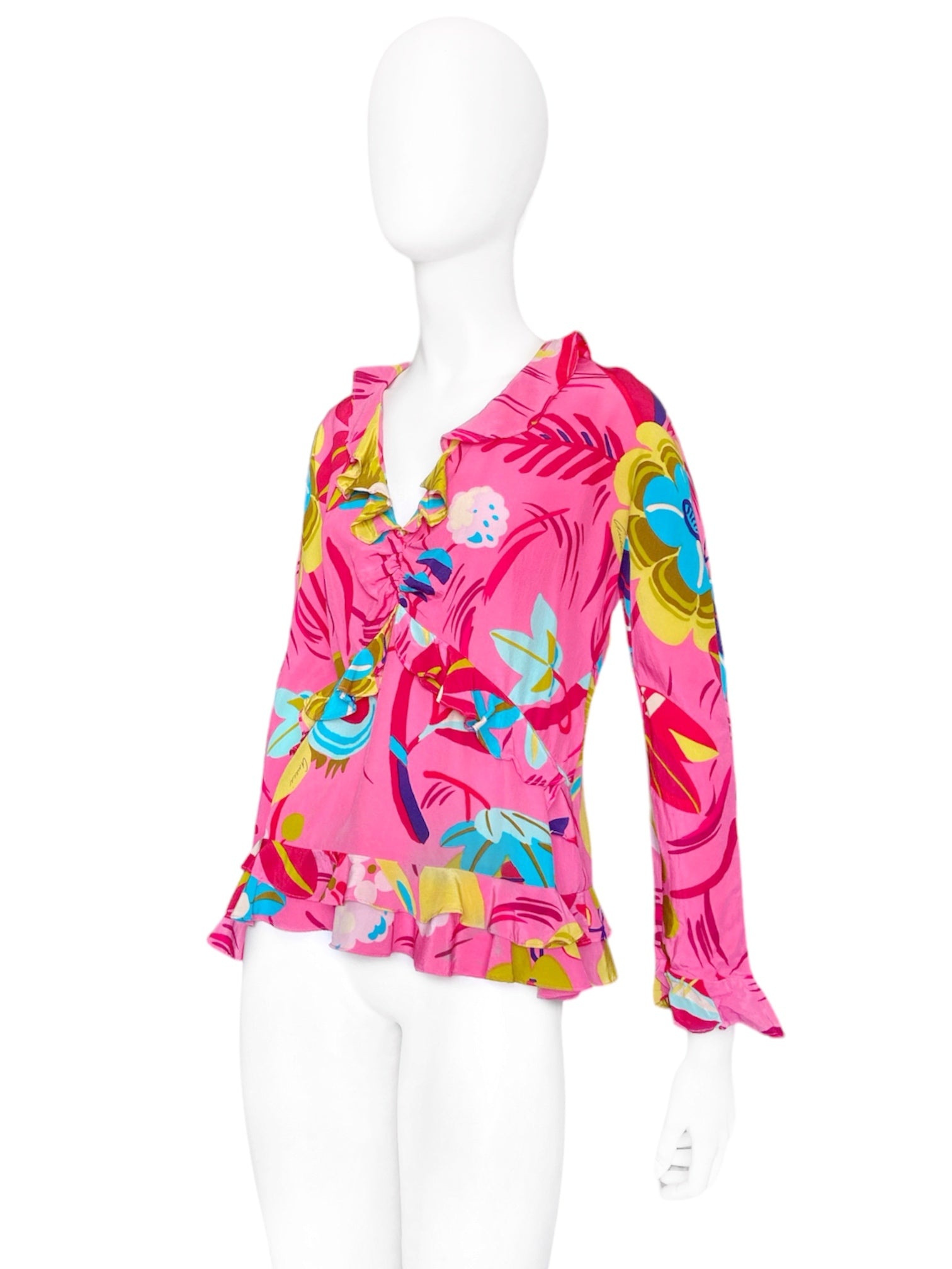 Gucci Spring 1999 Tom Ford Iconic Runway Pink Floral Silk Ruffle Blouse Top 40 - 3