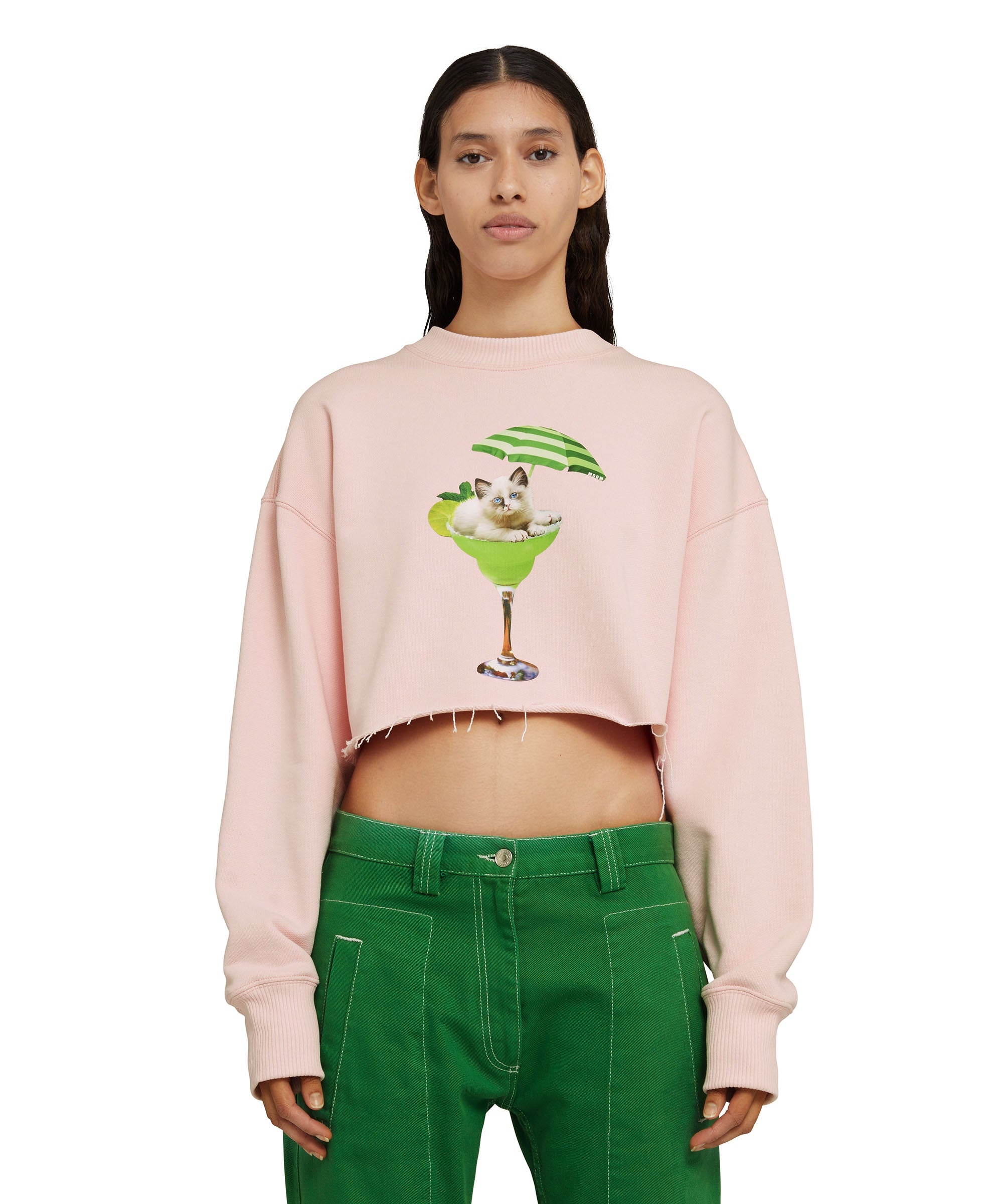 Cotton crop-top crewneck sweatshirt with "cocktail cat" graphic - 2
