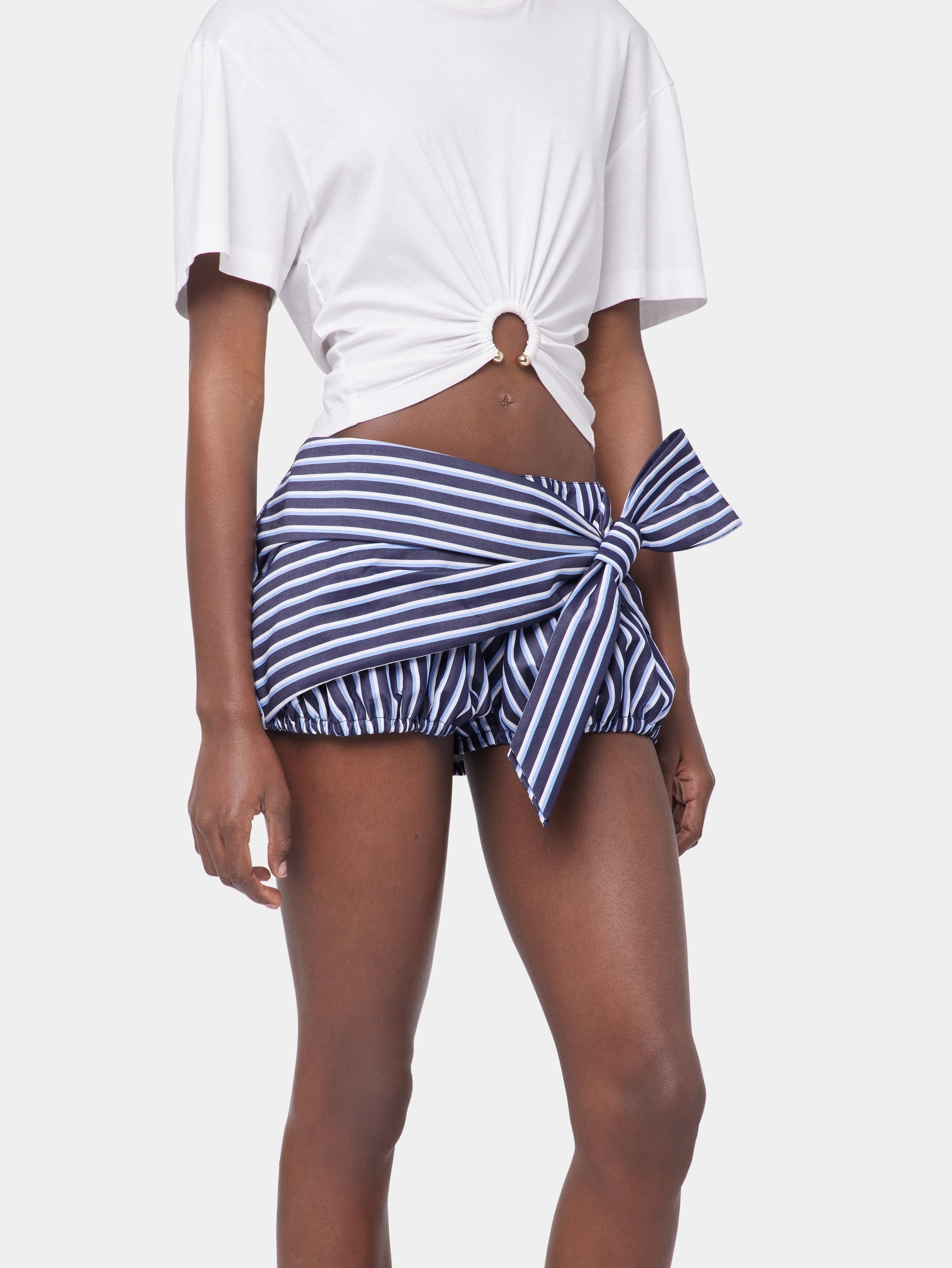 STRIPED WHITE AND BLUE MINI SHORTS IN COTTON POPLIN - 2