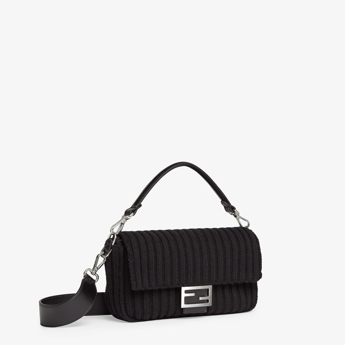 Baguette made of black wool knit with square flap and FF magnetic clasp. Fabric-lined interior with  - 2