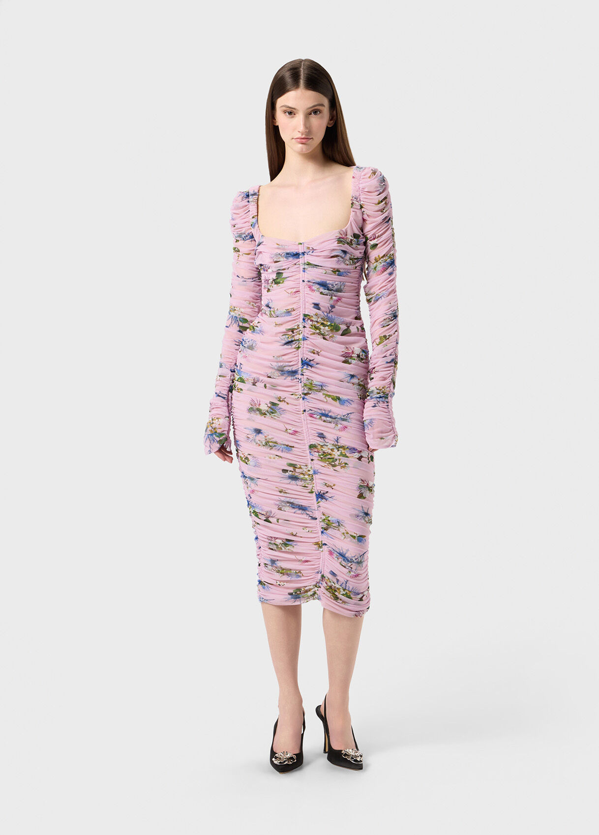 PRINTED TULLE MIDI DRESS WITH GATHERING - 5