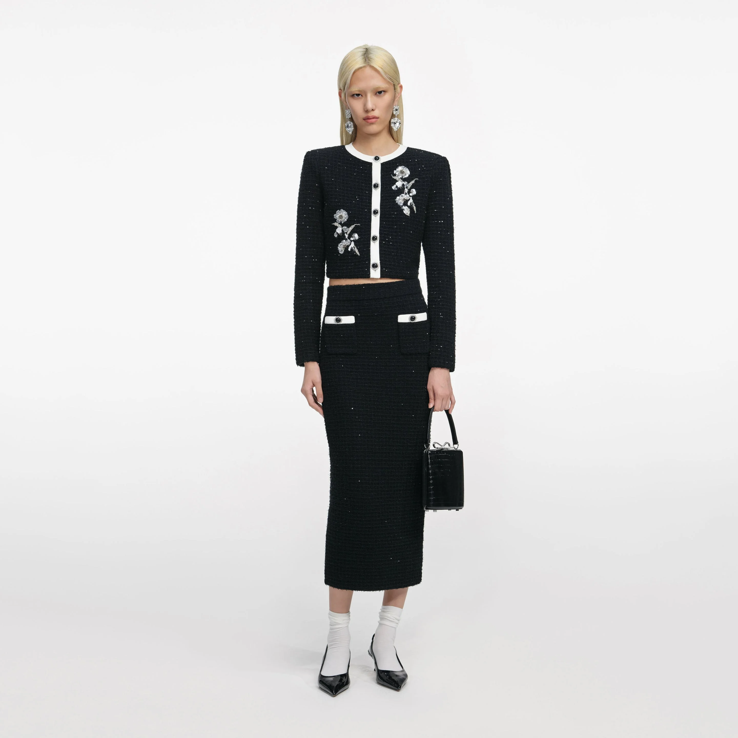 Black Floral Textured Knit Jacket - 1