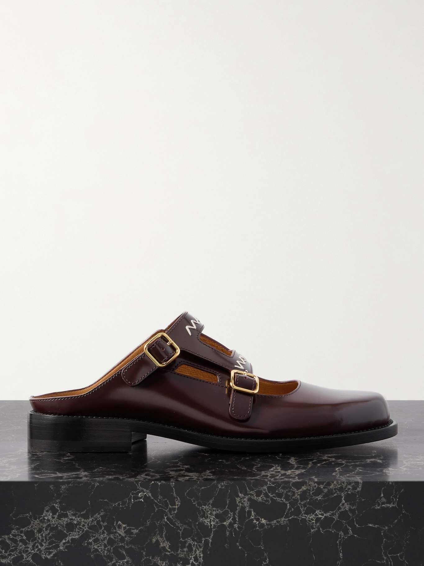 Marni Embroidered buckle-embellished patent-leather mules