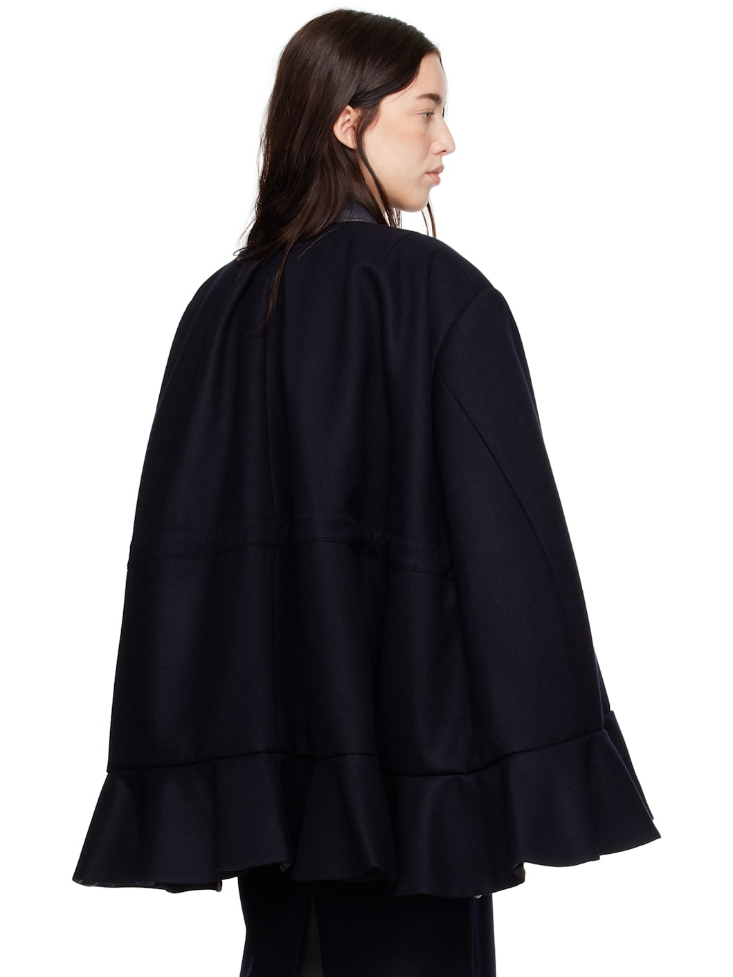 Navy Wool Melton & Denim Cape Jacket - 3