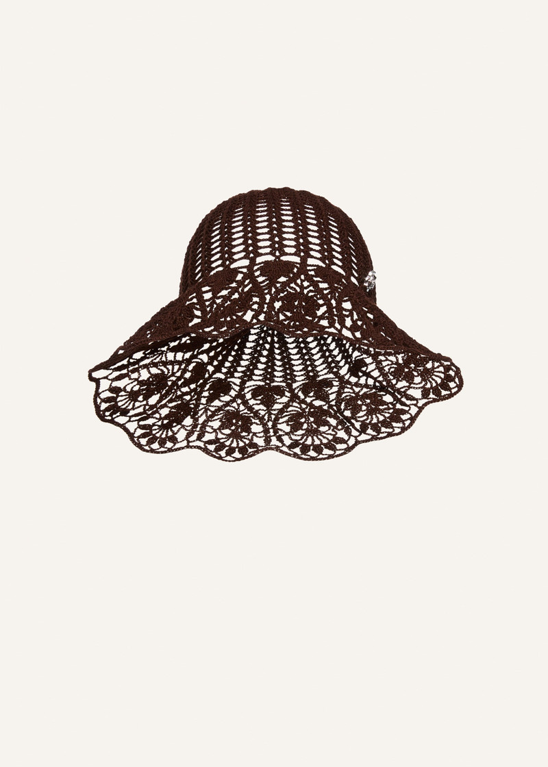 Lace crochet bucket hat in brown. 1