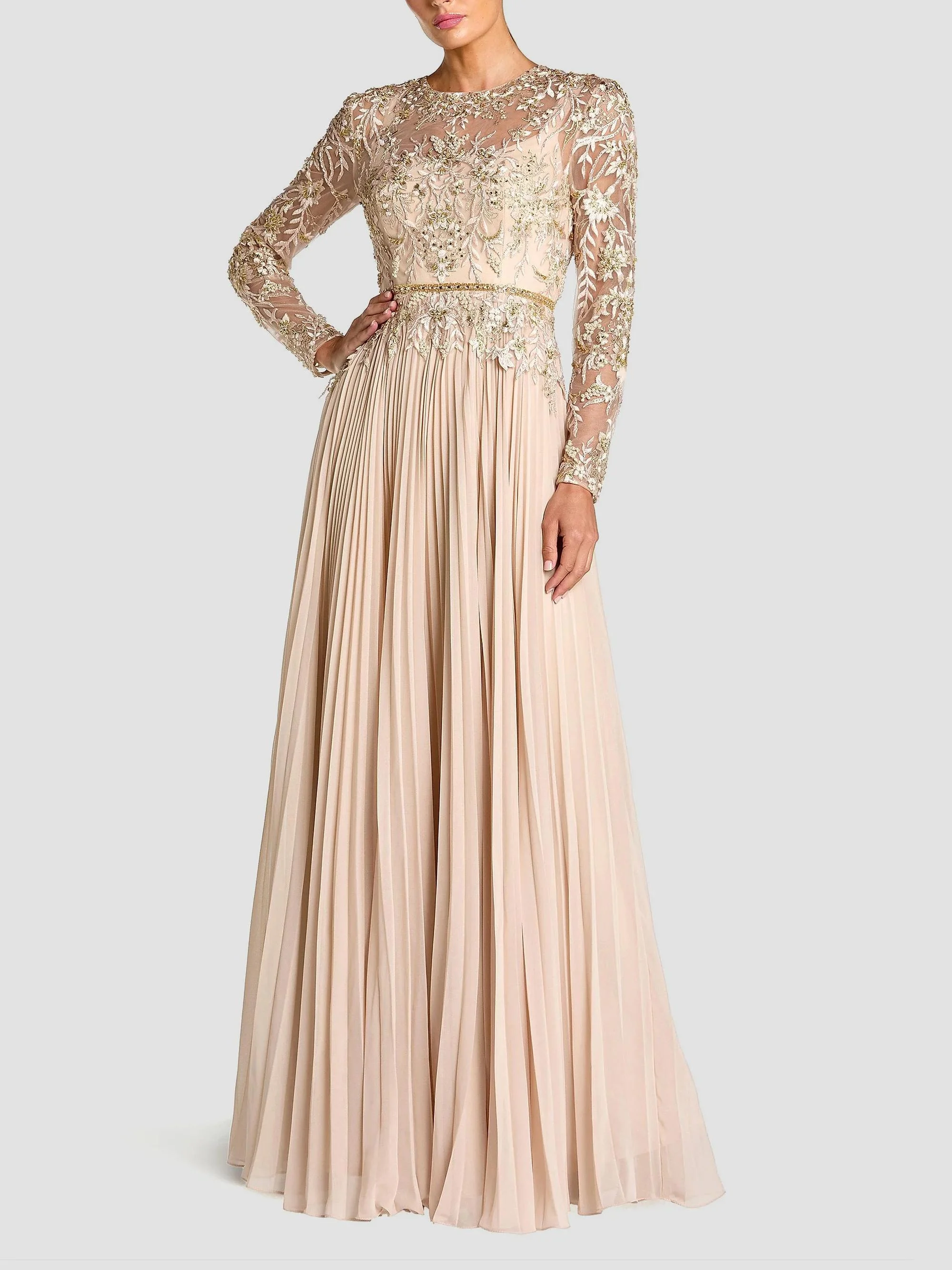 Women's Floral-Embroidered Pleated Gown - Taupe - 1