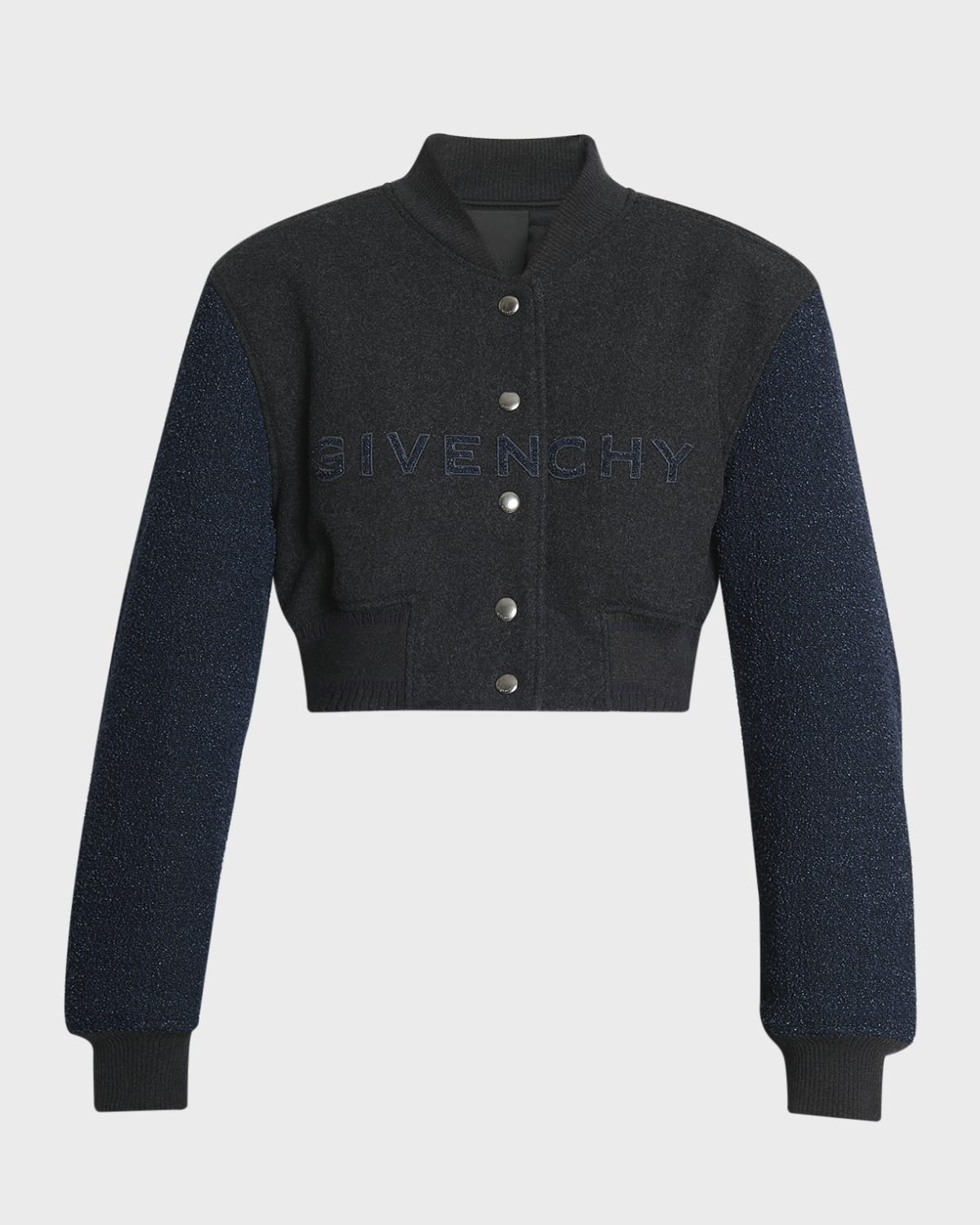 Boucle-Sleeves Crop Varsity Jacket - 1