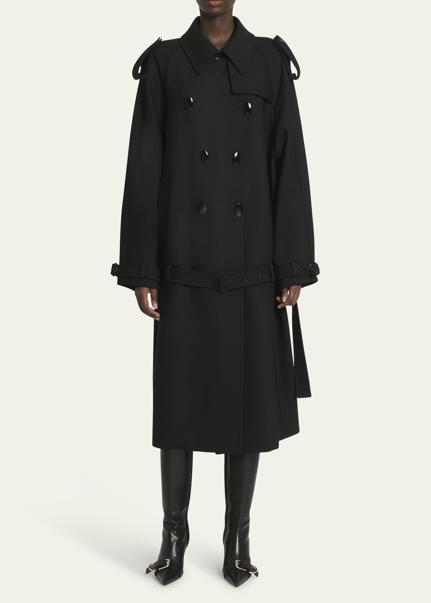 Double-Breasted Volume Belted Wool Trench Coat - 2