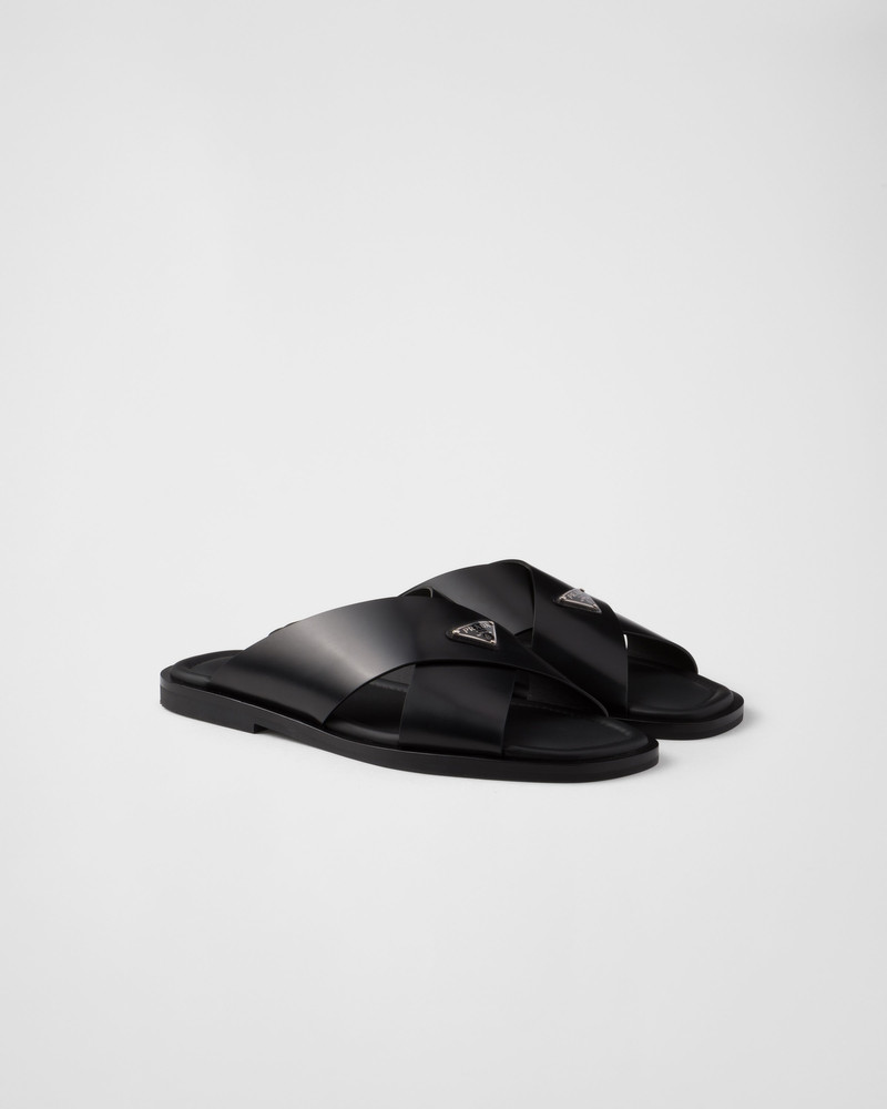 Brushed leather crisscross slides 1