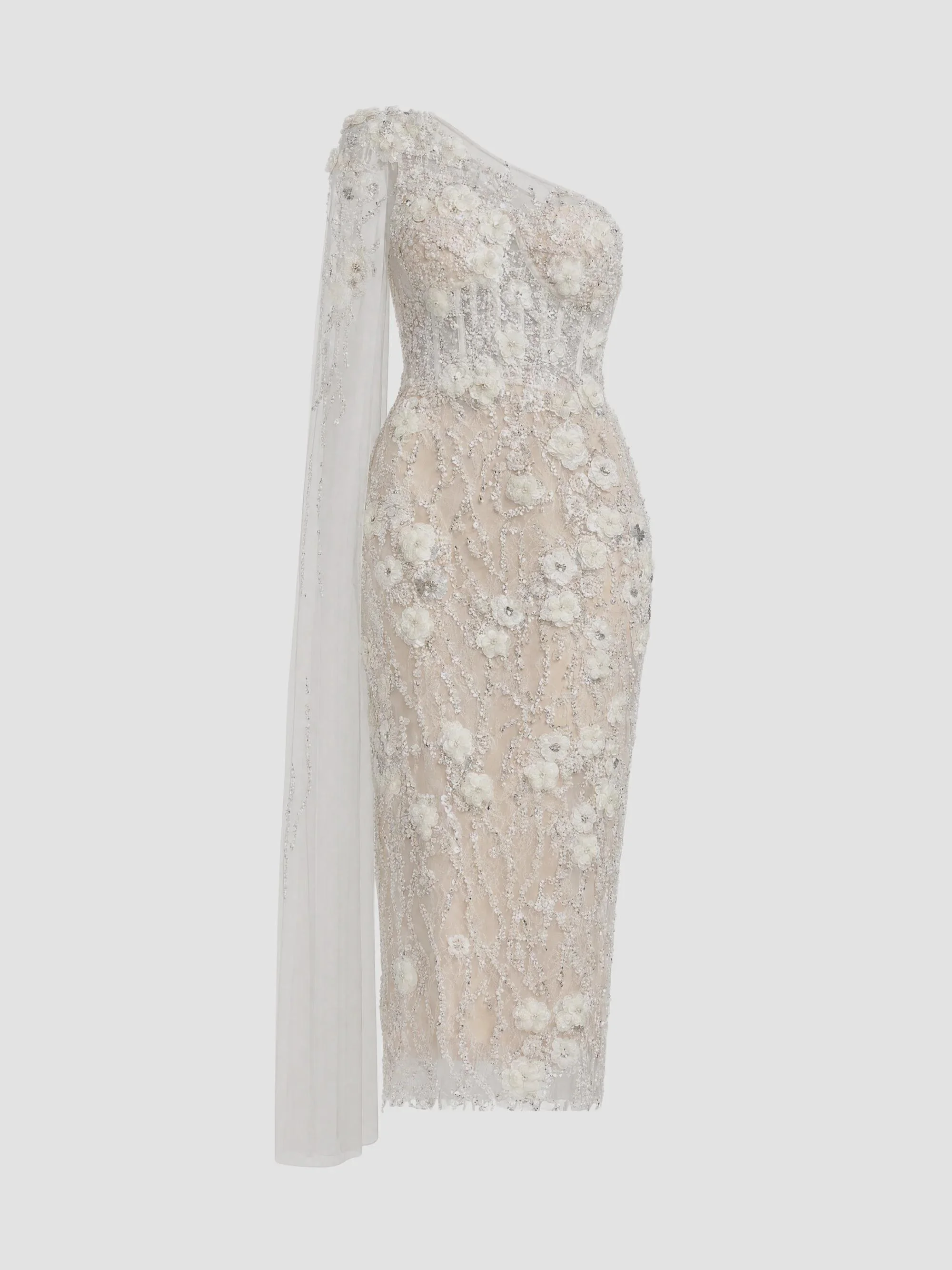 Women's Embellished One-Shoulder Midi Dress - Ivory Beige - 1