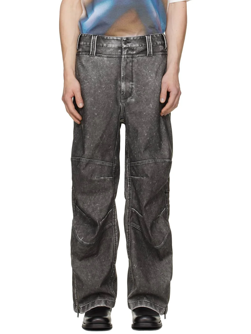 Gray Distressed-Effect Faux-Leather Pants - 1