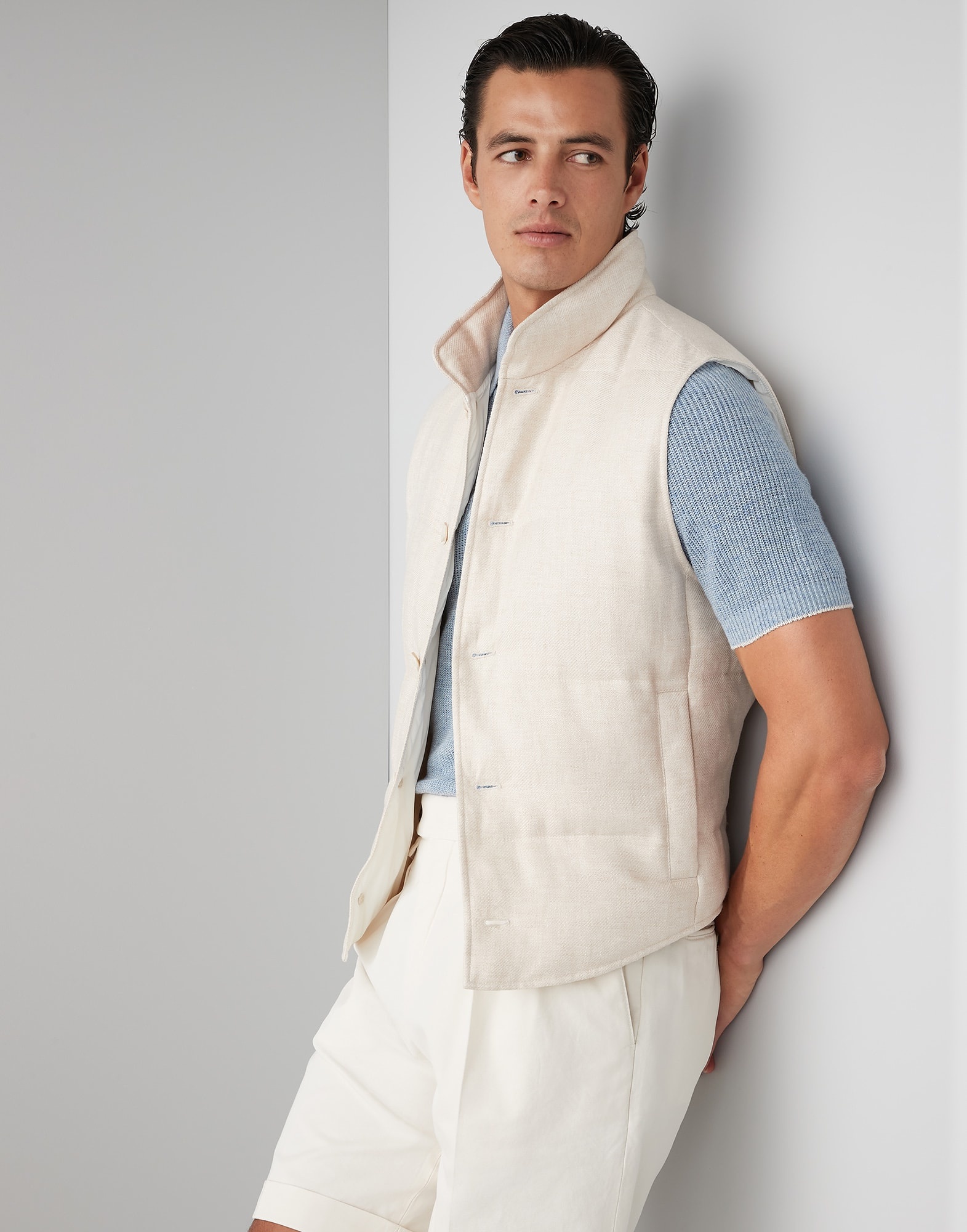 Linen, wool and silk diagonal down vest - 4