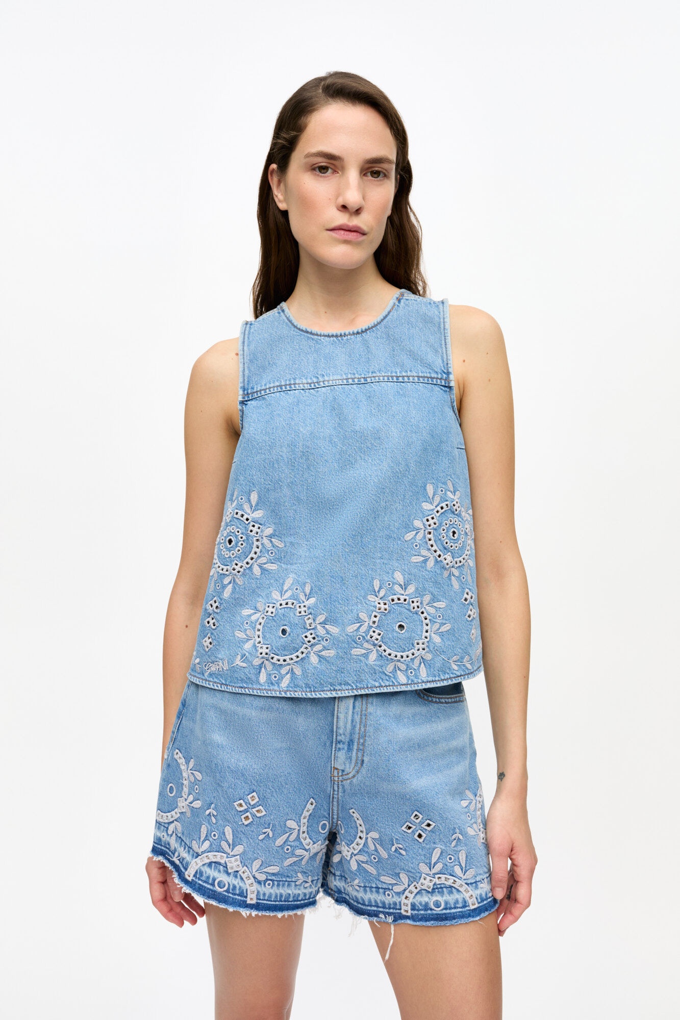 LIGHT BLUE BRODERIE ANGLAISE DENIM TOP - 2