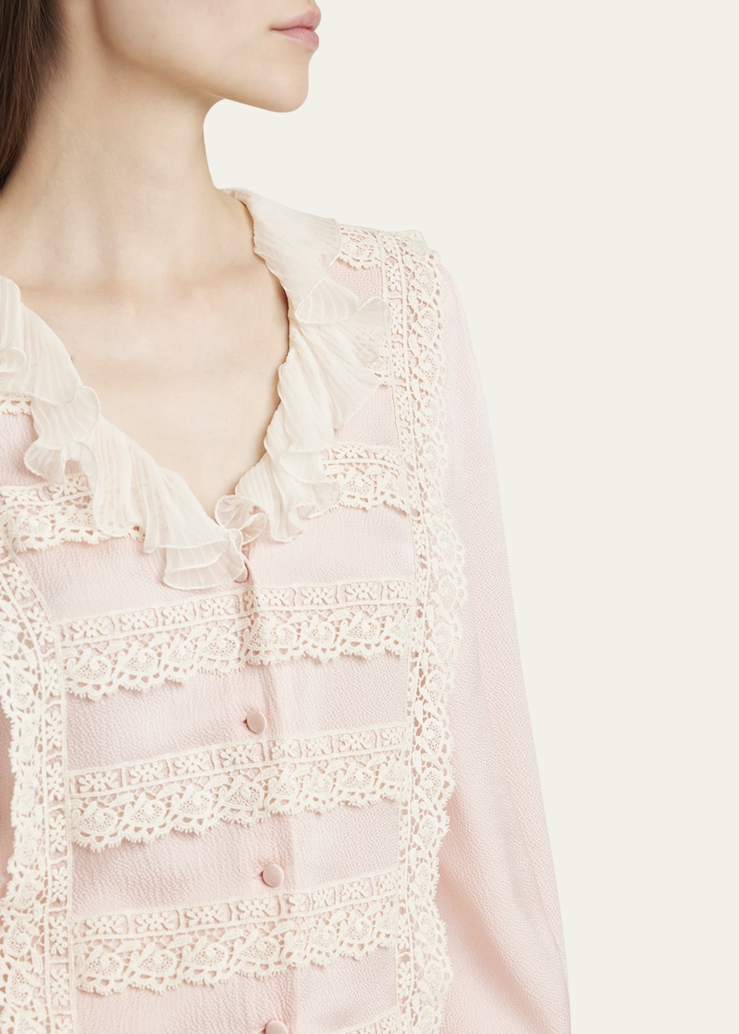 Ruffle V-Neck Lace Trim Silk Shirt - 5