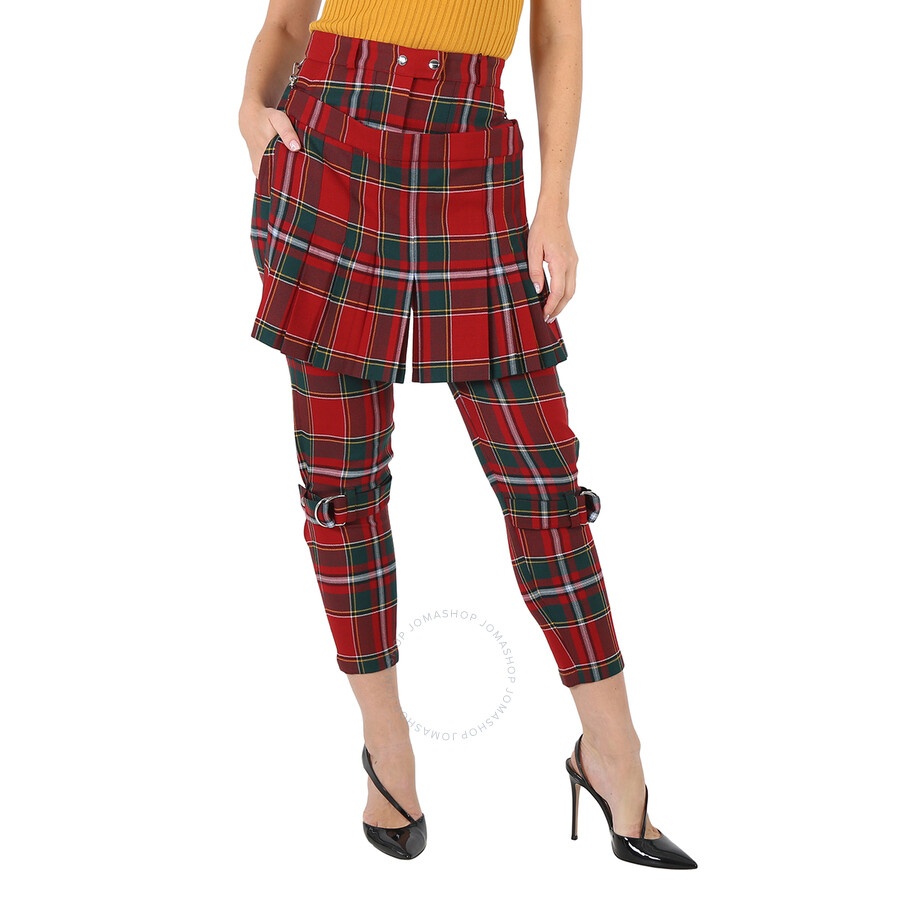 Burberry Ladies Bright Red Royal Tartan Punk Trousers - 3