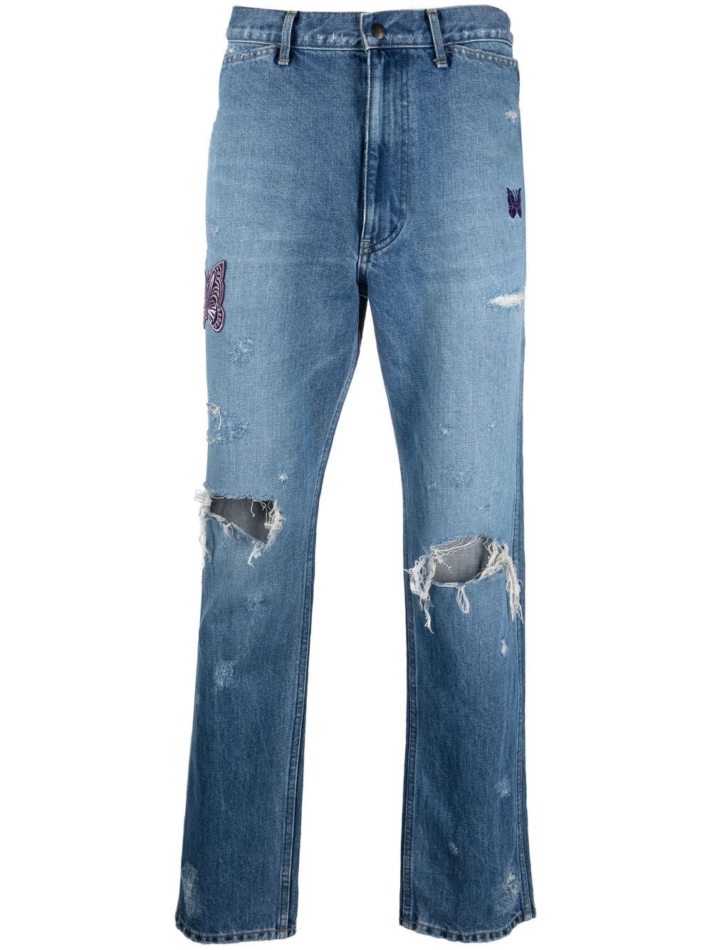 logo-embroidered distressed jeans - 1