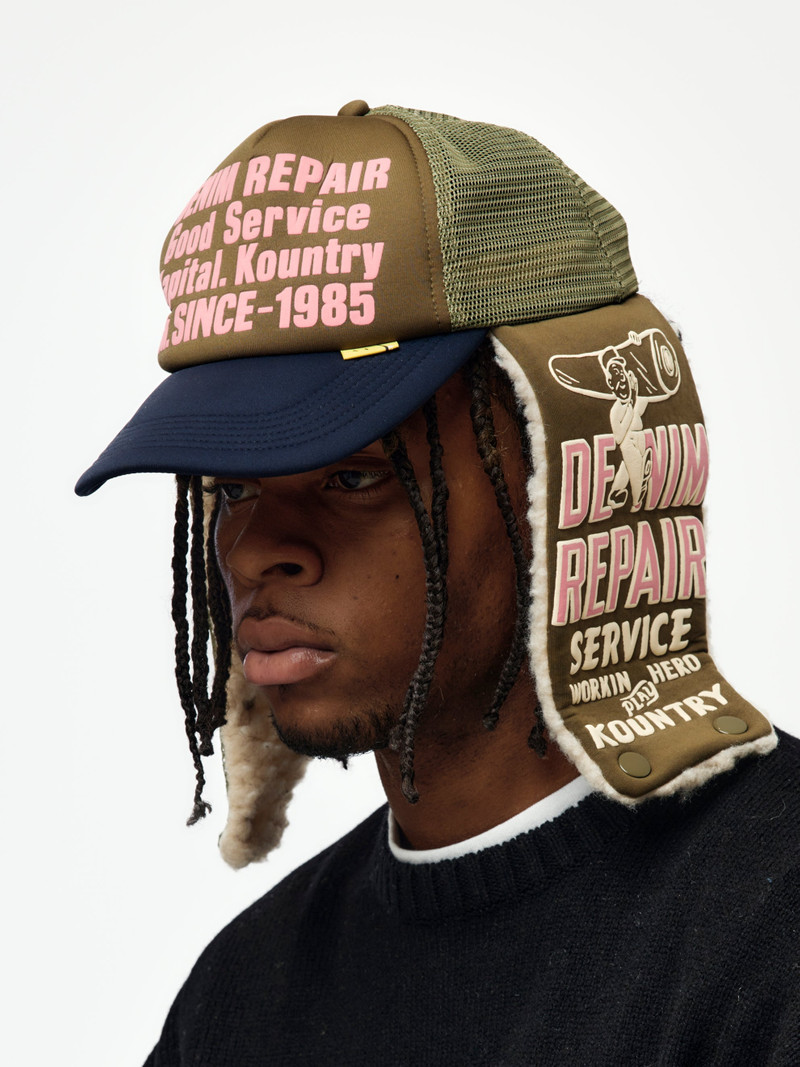 Kapital DENIM REPAIR SERVICE LUMBER TRUCKER CAP outlook