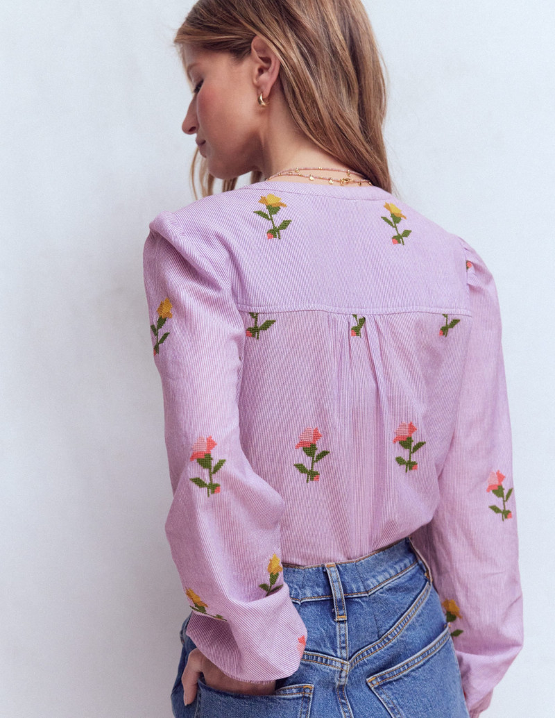 Embroidered Trim Interest Top-Purple Stripe Embroidery 4