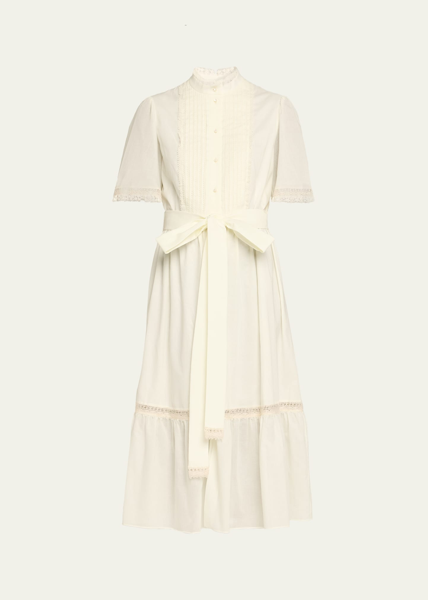 Short-Sleeve Belted Lace-Trim Shirtdress - 1