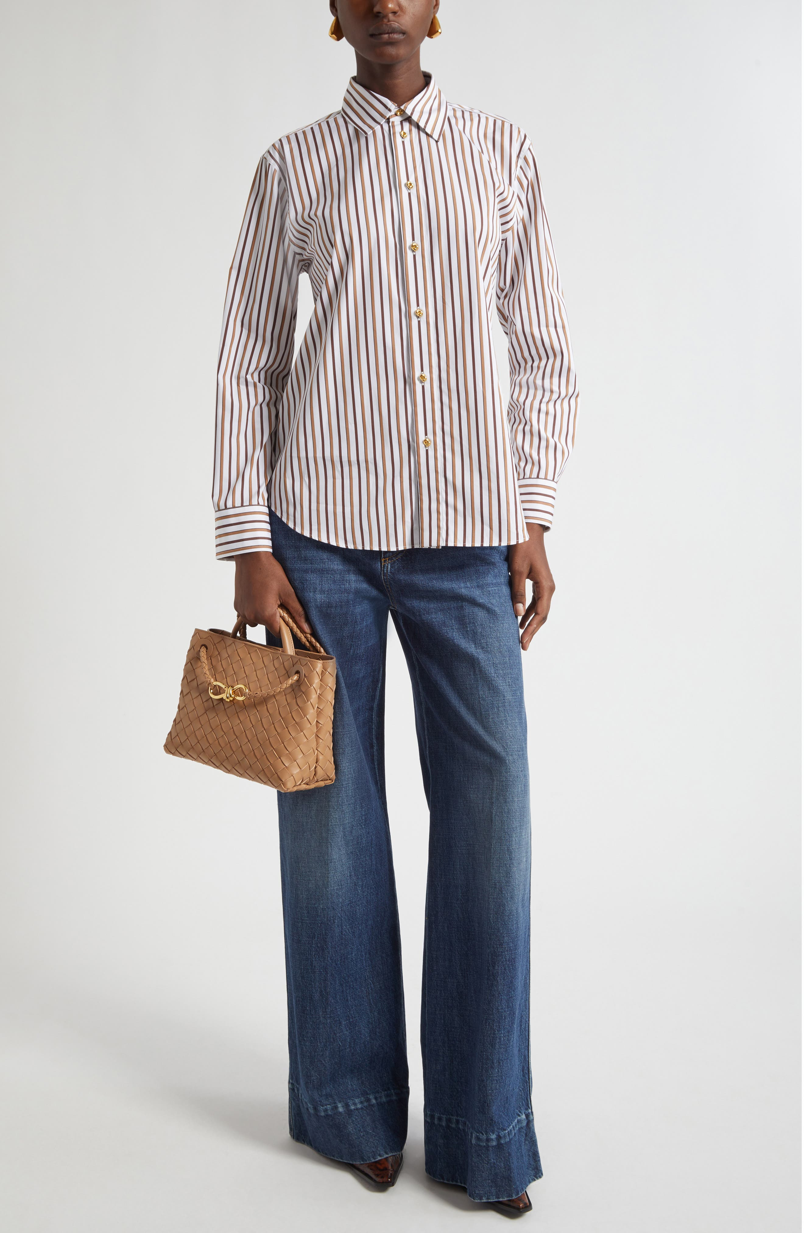 Bottega Veneta Bold Stripe Cotton Poplin Button-Up Shirt in 9070 Chalk/Toffee/Brown at Nordstrom - 2
