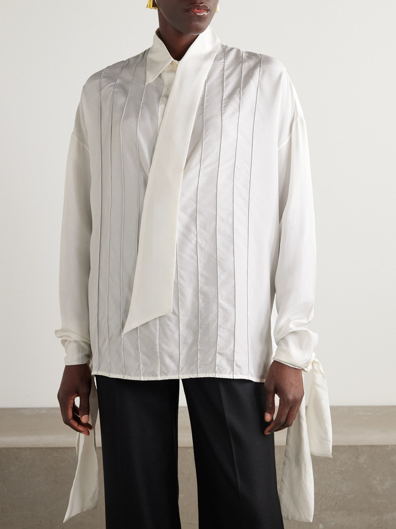Scarf-detailed Embroidered Silk-twill Shirt 4