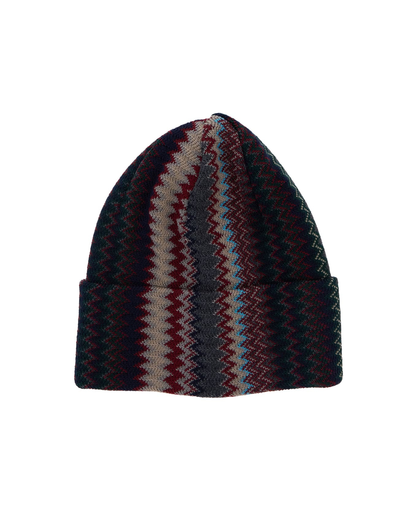 Multicolor Beanie With Turn-up Brim And Zigzag Motif In Wool Man - 1