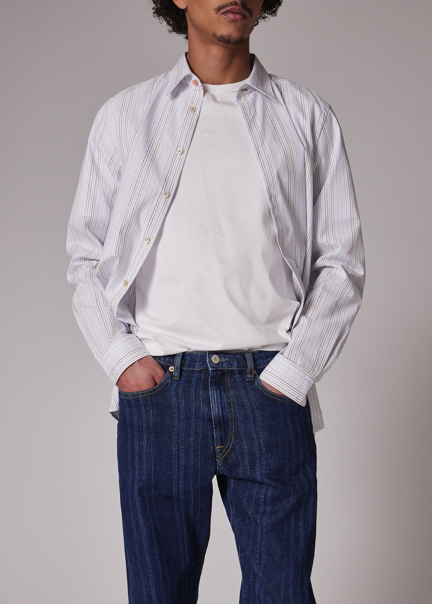 White Yarn-Dyed Twisted Stripe Cotton Shirt - 5