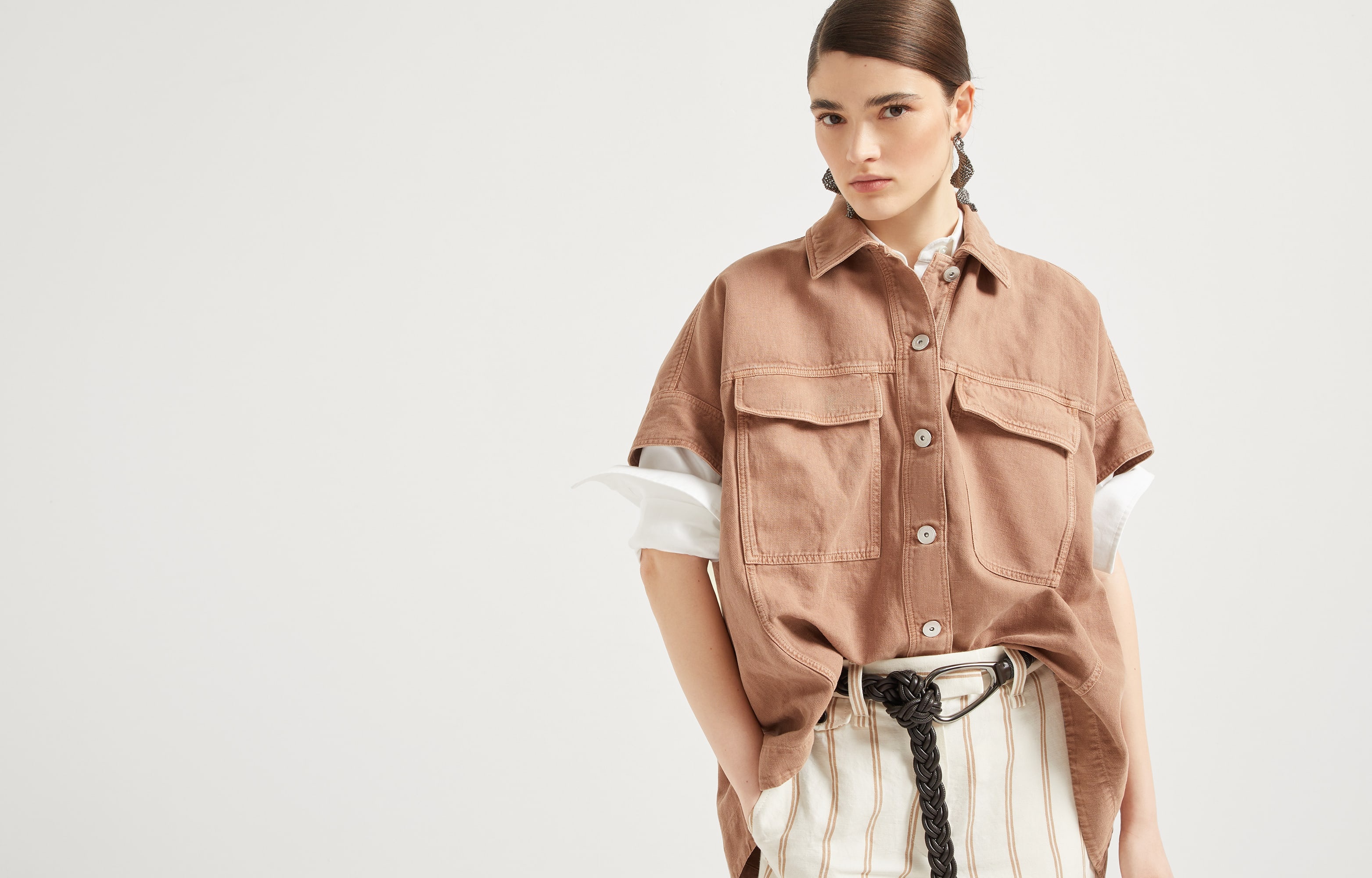 Garment-dyed cotton and linen cover overshirt with monili - 6