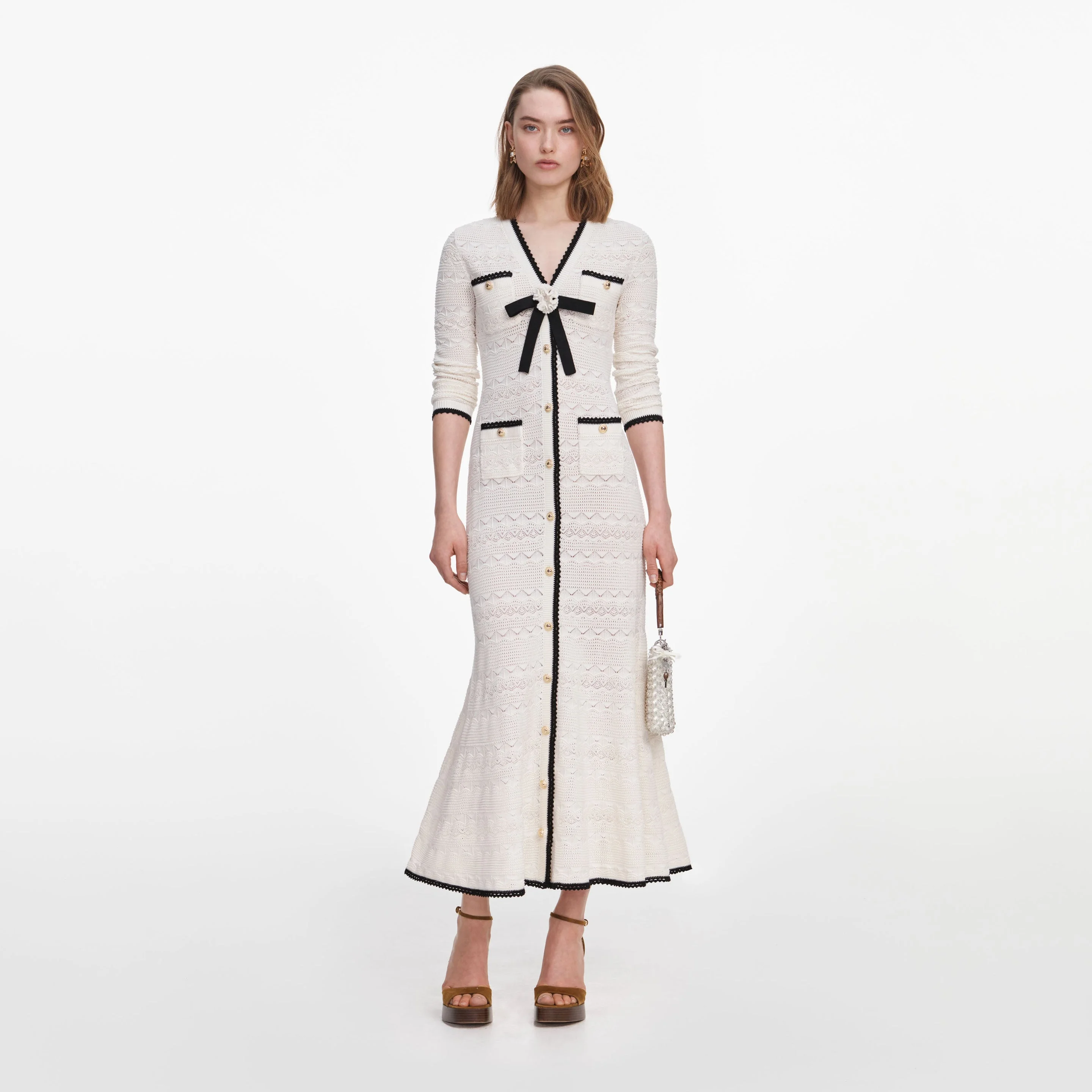 White Pointelle Knit Long Cardigan - 1