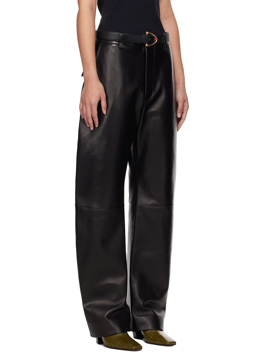 Black Rounded Leg Leather Pants - 2