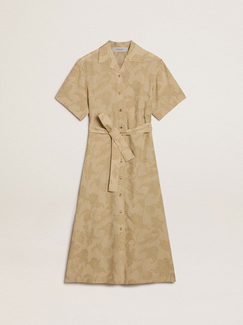 Women's short-sleeved shirt dress in beige floral jacquard 1