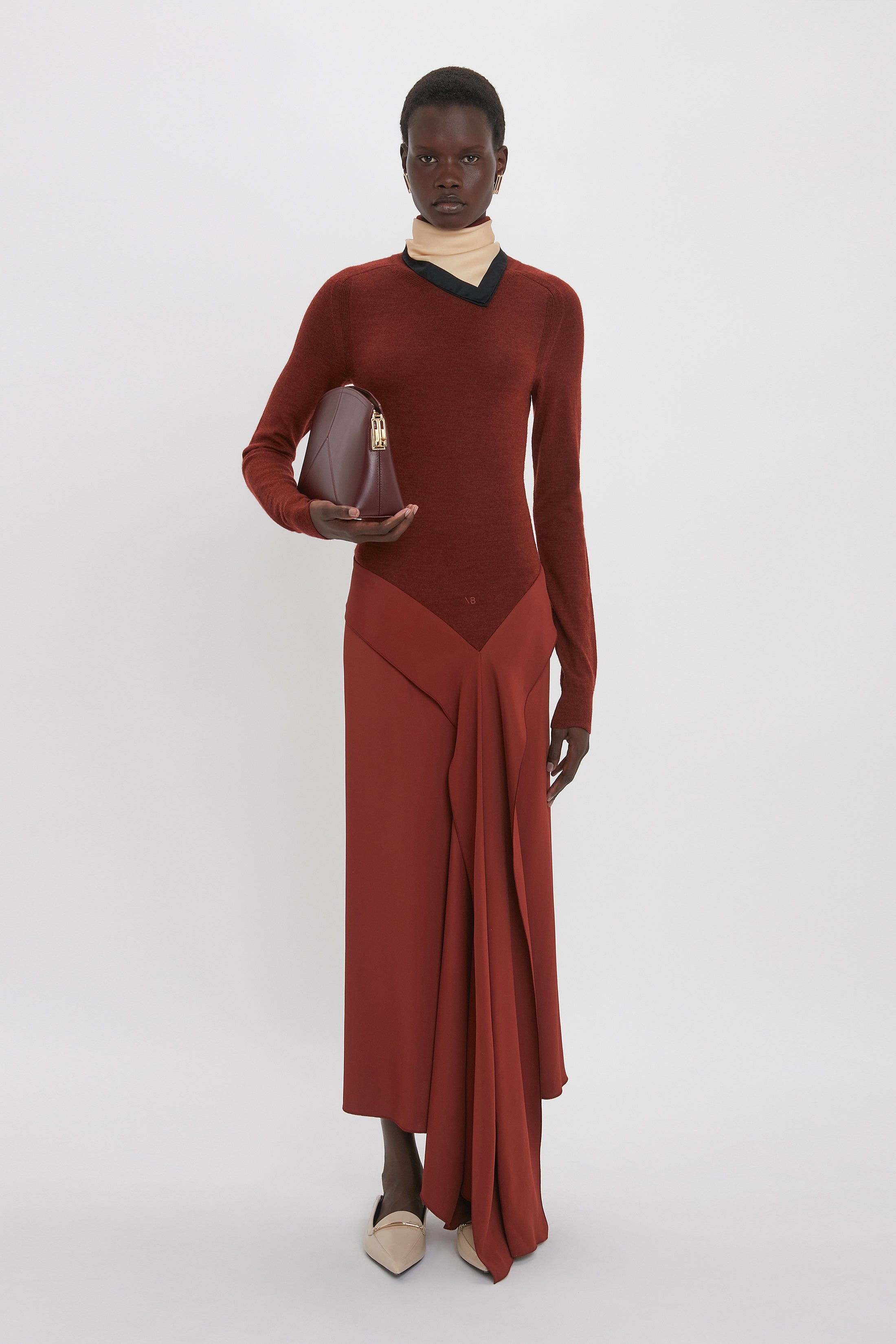 High Neck Tie Detail Dress In Russet - 2