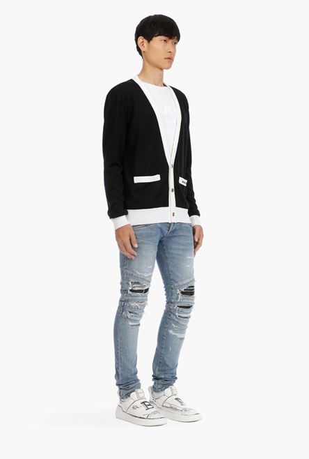 Black and white wool cardigan with small embroidered black Balmain logo - 7