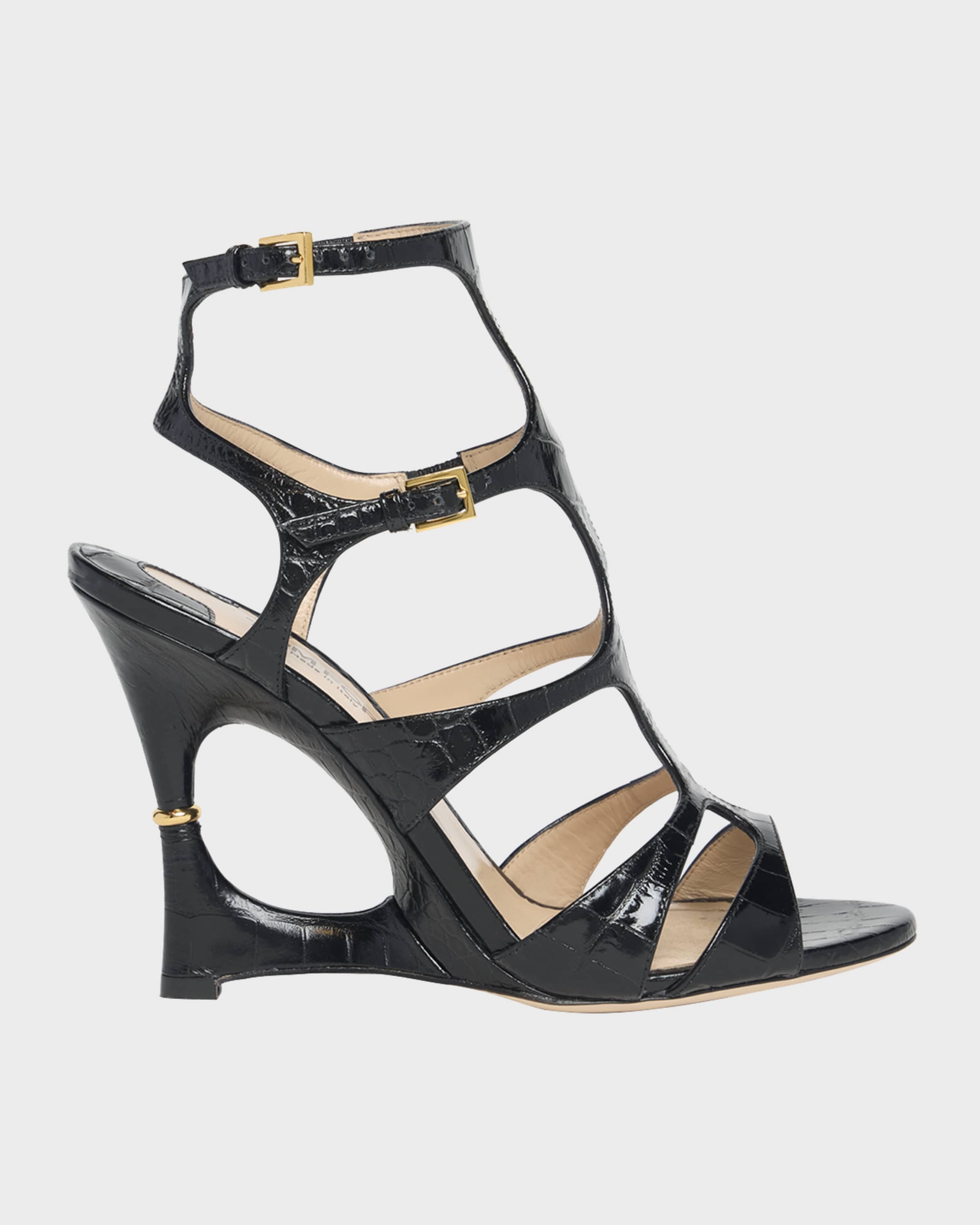 Crocodile-Embossed Caged Wedge Sandals - 1