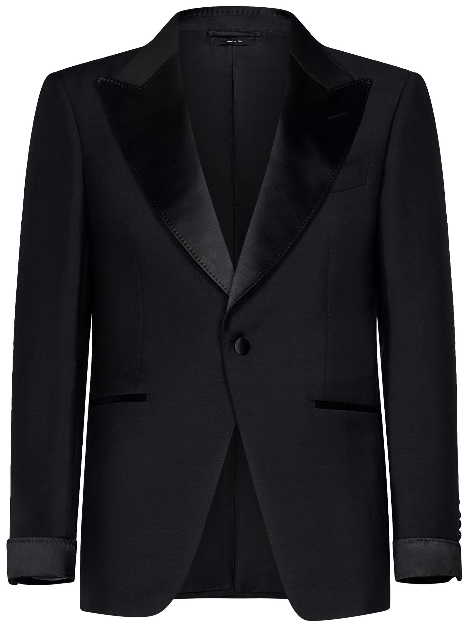 black mohair and wool tuxedo suit with single-breasted blazer and satin details. - 4